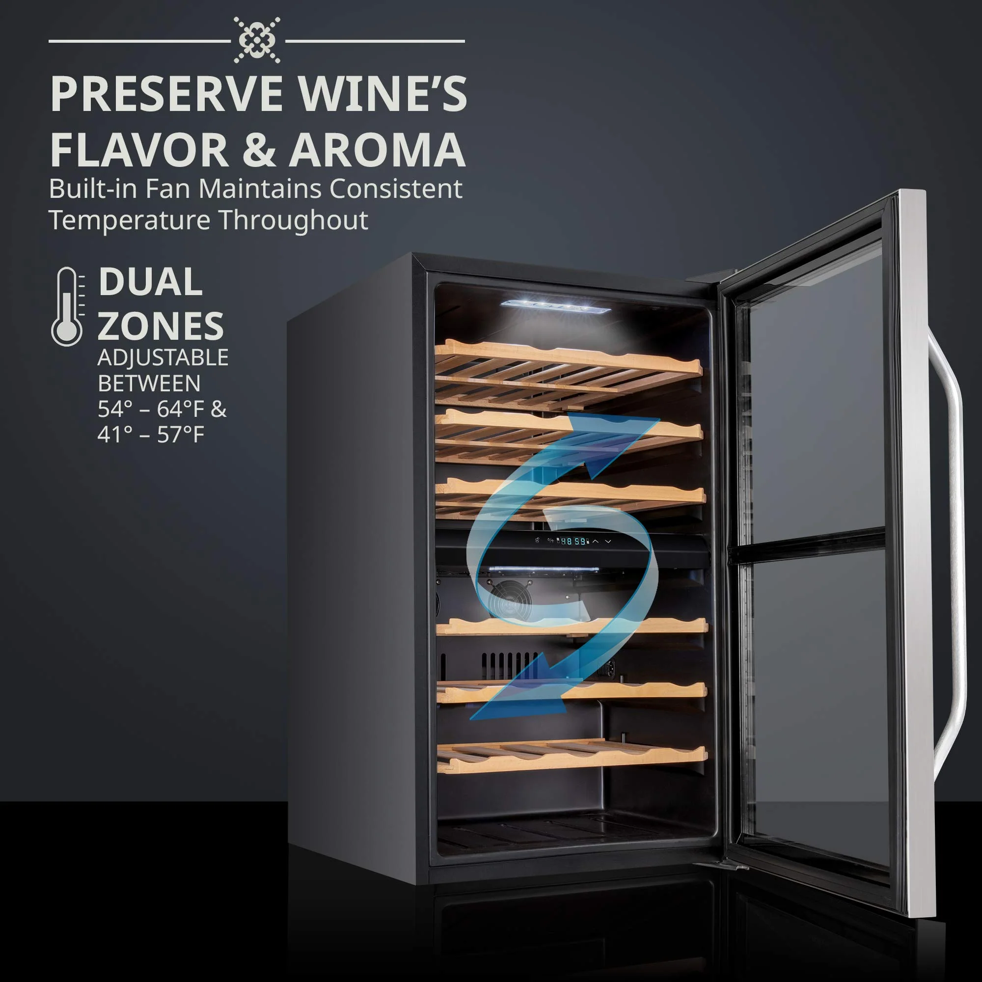 Ivation 43 Bottle Freestanding Wine Refrigerator, Dual Zone Wine Fridge with Lock, Stainless Steel - Image 3