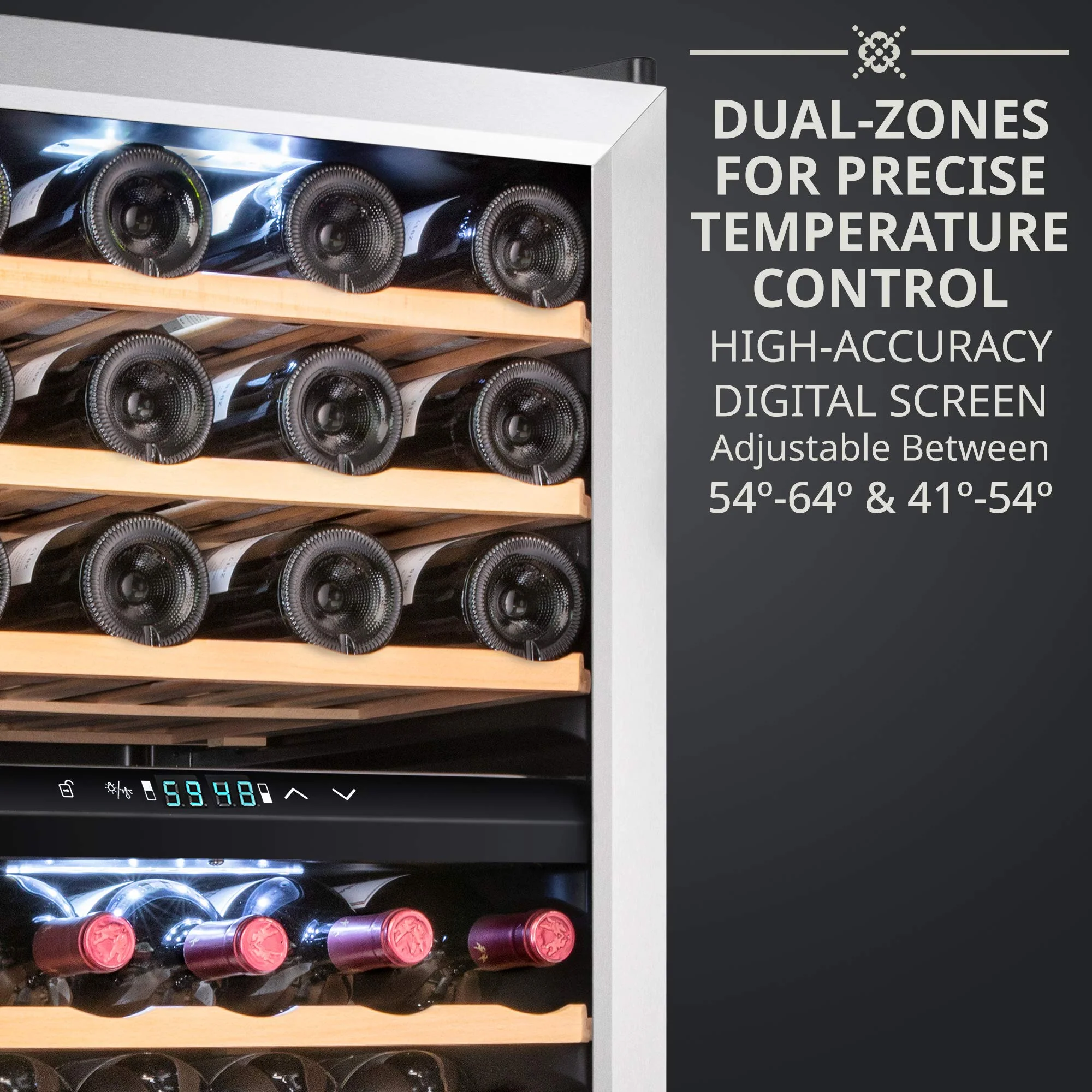 Ivation 43 Bottle Freestanding Wine Refrigerator, Dual Zone Wine Fridge with Lock, Stainless Steel - Image 4