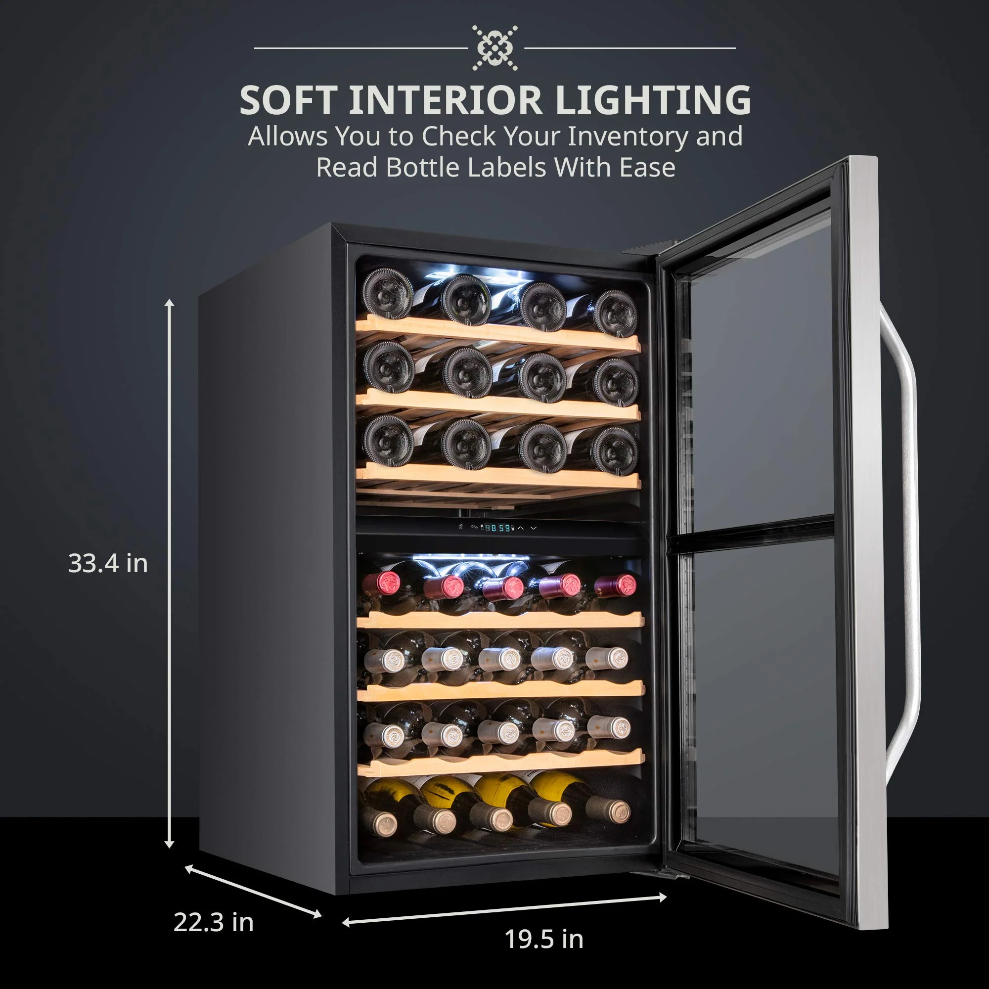 Ivation 43 Bottle Freestanding Wine Refrigerator, Dual Zone Wine Fridge with Lock, Stainless Steel - Image 8