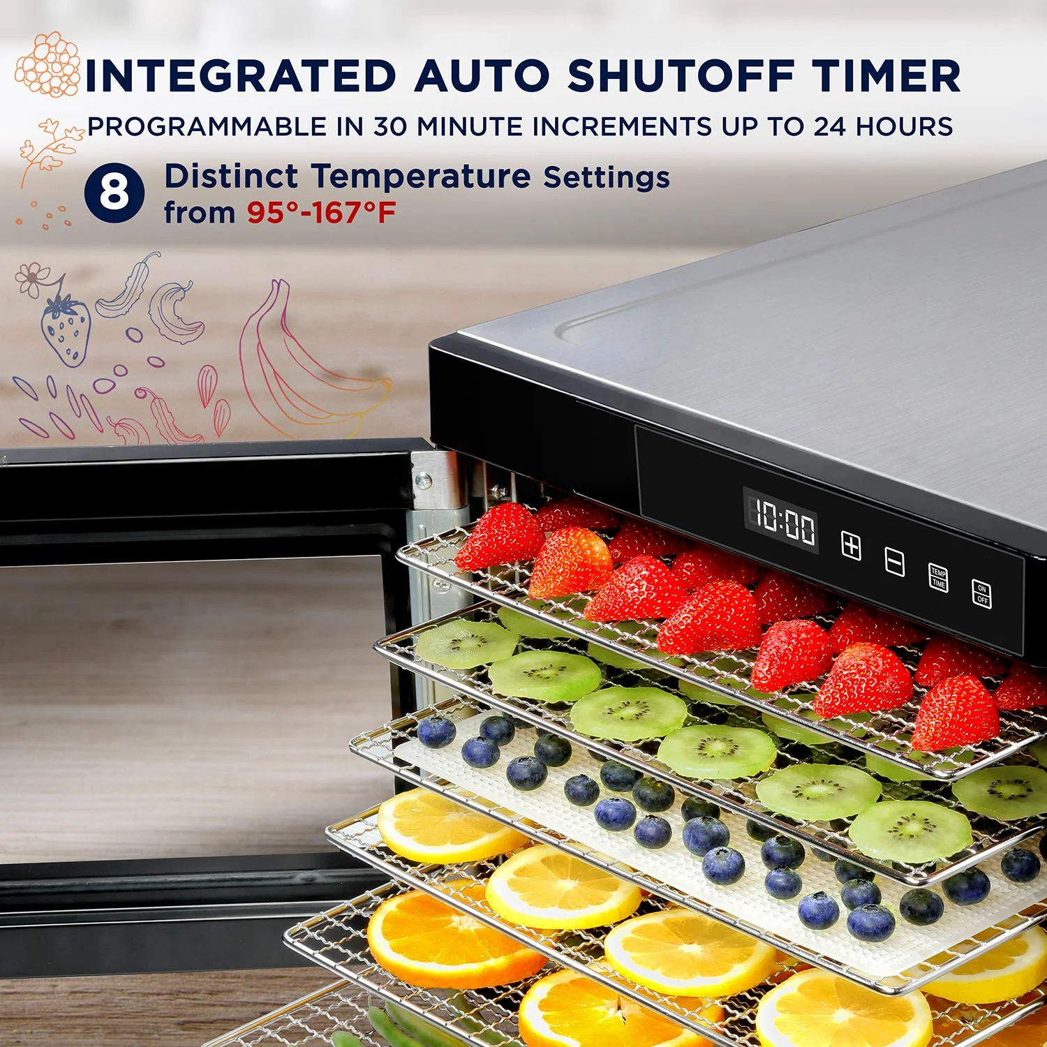 Ivation 6-Tray, 600W Food Dehydrator with Digital Timer and Temperature Control - Stainless Steel - Image 2