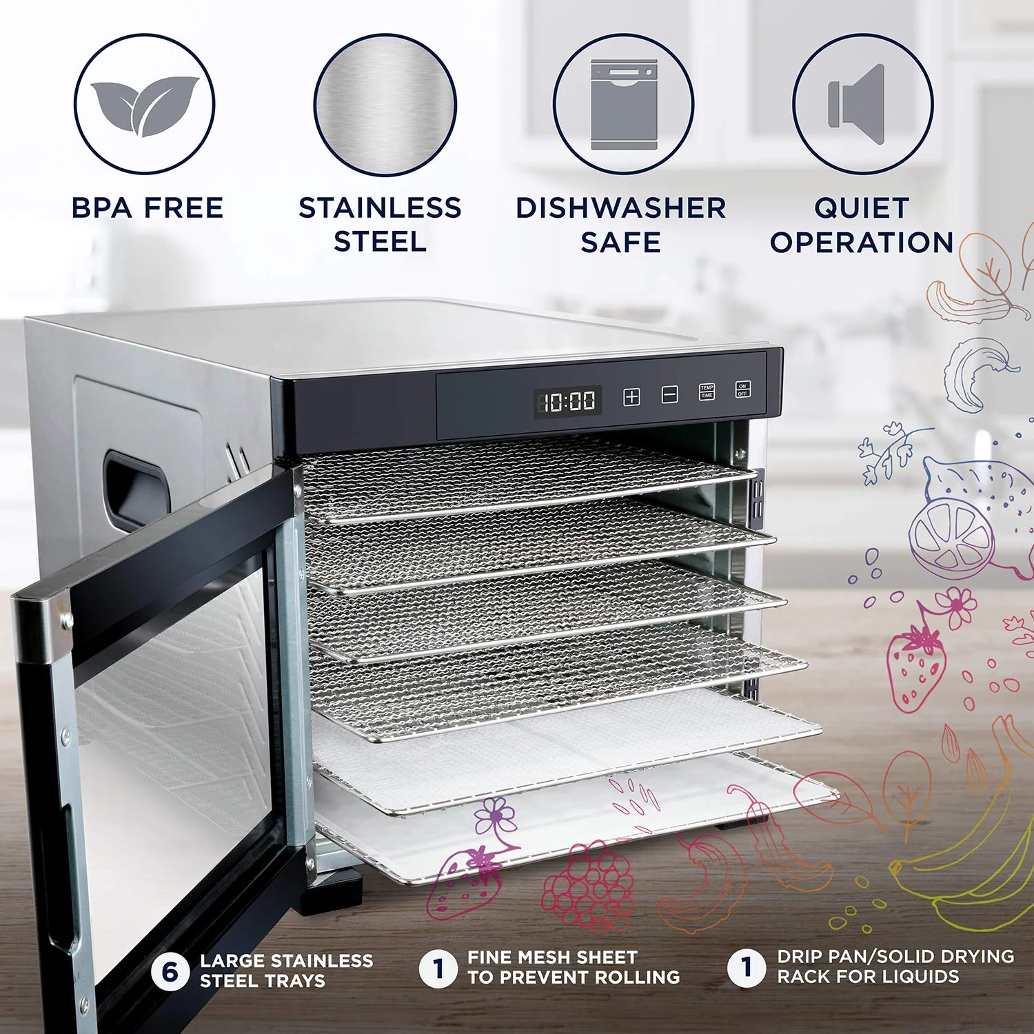 Ivation 6-Tray, 600W Food Dehydrator with Digital Timer and Temperature Control - Stainless Steel - Image 3