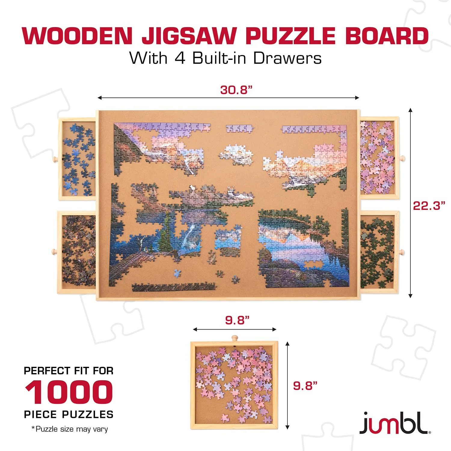 Jumbl 1000-Piece Puzzle Board with Drawers, Lazy Susan & Cover - Rotating Wooden Jigsaw Puzzle Table - Image 2