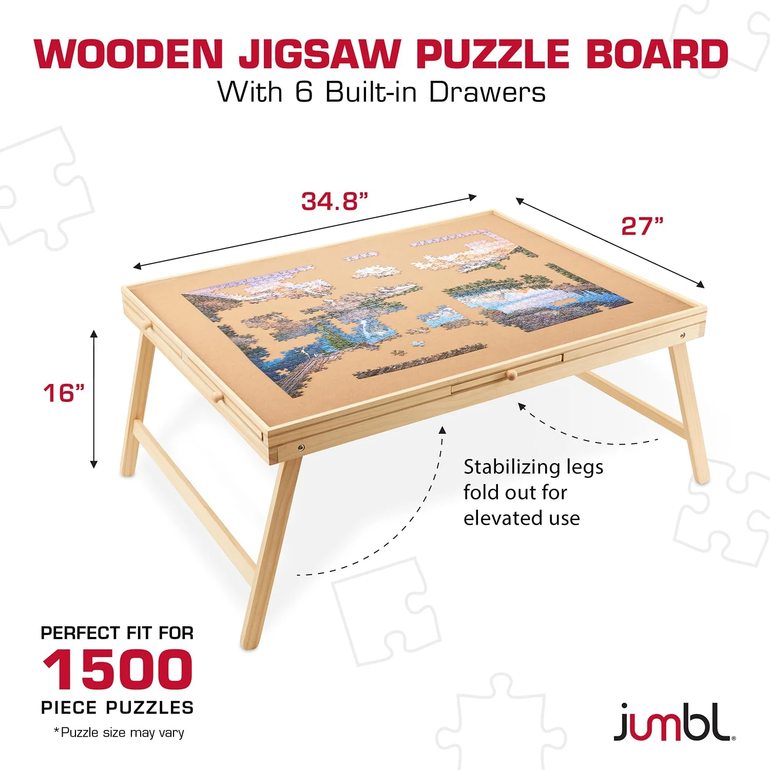 Jumbl 1500-Piece Puzzle Board with Drawers, Foldable Legs & Cover - Wooden Jigsaw Puzzle Table - Image 2