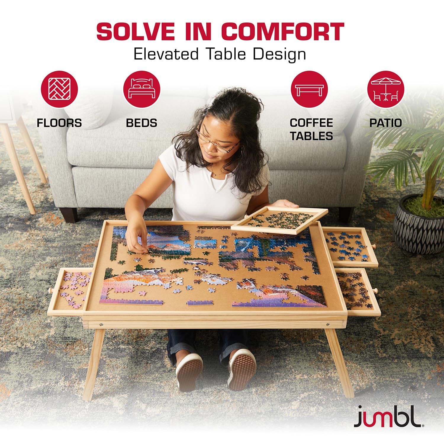 Jumbl 1000-Piece Puzzle Board with Drawers, Foldable Legs & Cover - Wooden Jigsaw Puzzle Table - Image 5
