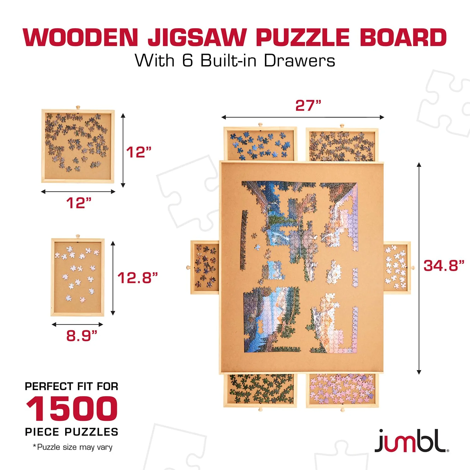 Jumbl 1500-Piece Puzzle Board with Drawers, Lazy Susan & Cover - Rotating Wooden Jigsaw Puzzle Table - Image 2