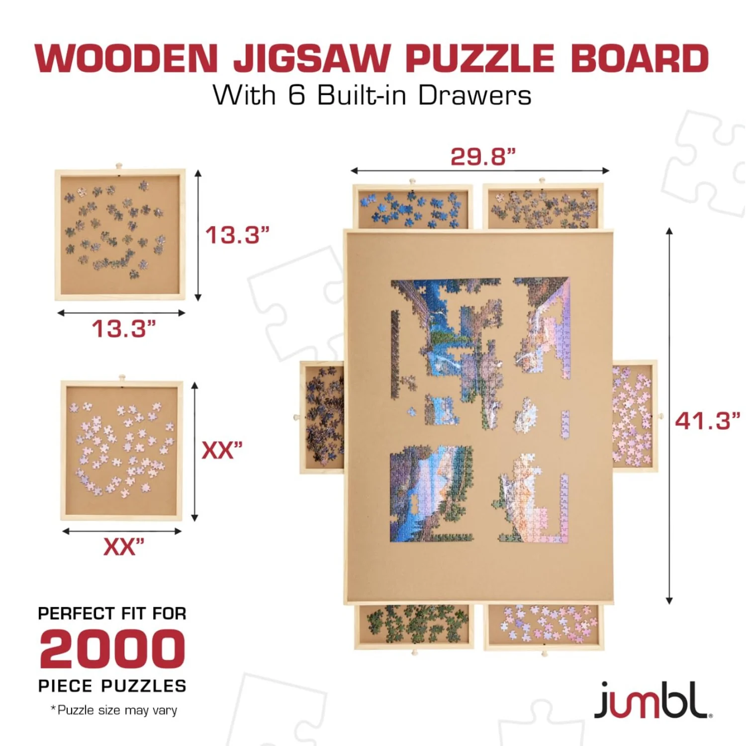 Jumbl 2000-Piece Puzzle Board with Drawers, Lazy Susan & Cover - Rotating Wooden Jigsaw Puzzle Table - Image 2