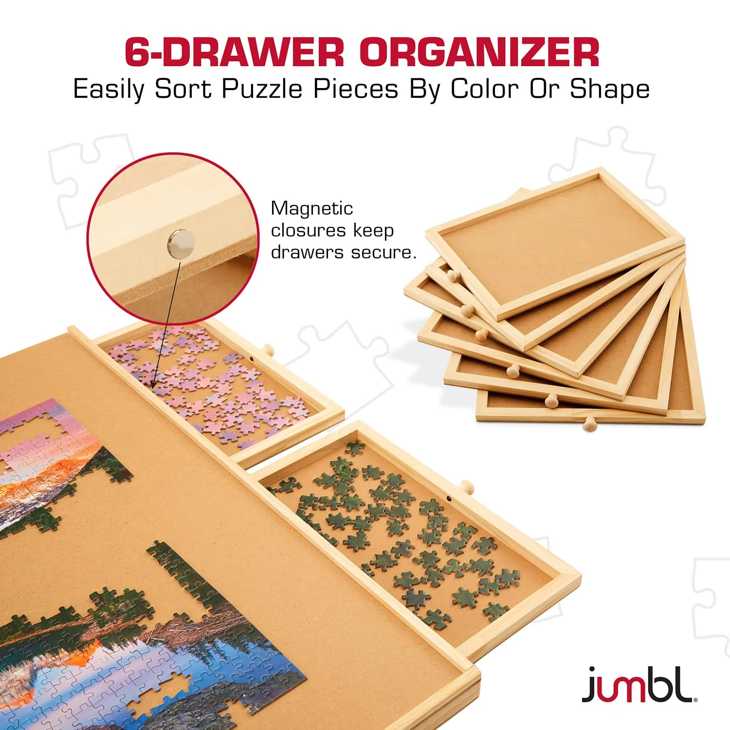 Jumbl 1500-Piece Puzzle Board with Drawers, Lazy Susan & Cover - Rotating Wooden Jigsaw Puzzle Table - Image 4