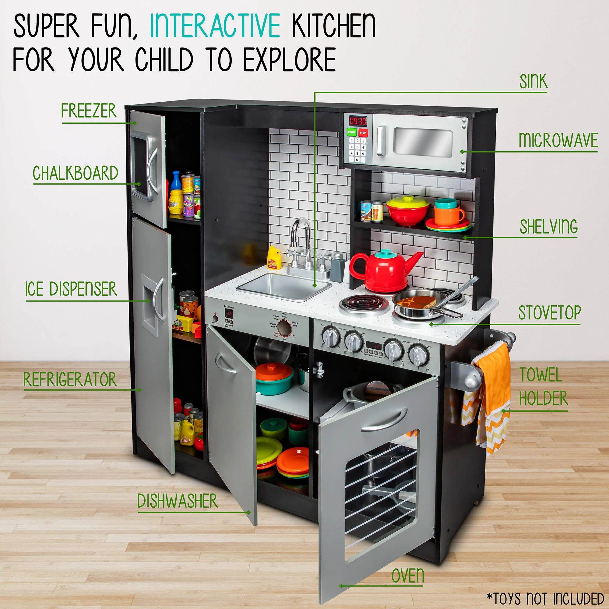 Lil' Jumbl Kids Kitchen Set, Wooden Pretend Play Kitchen with Sounds & Accessories - Charcoal - Image 3