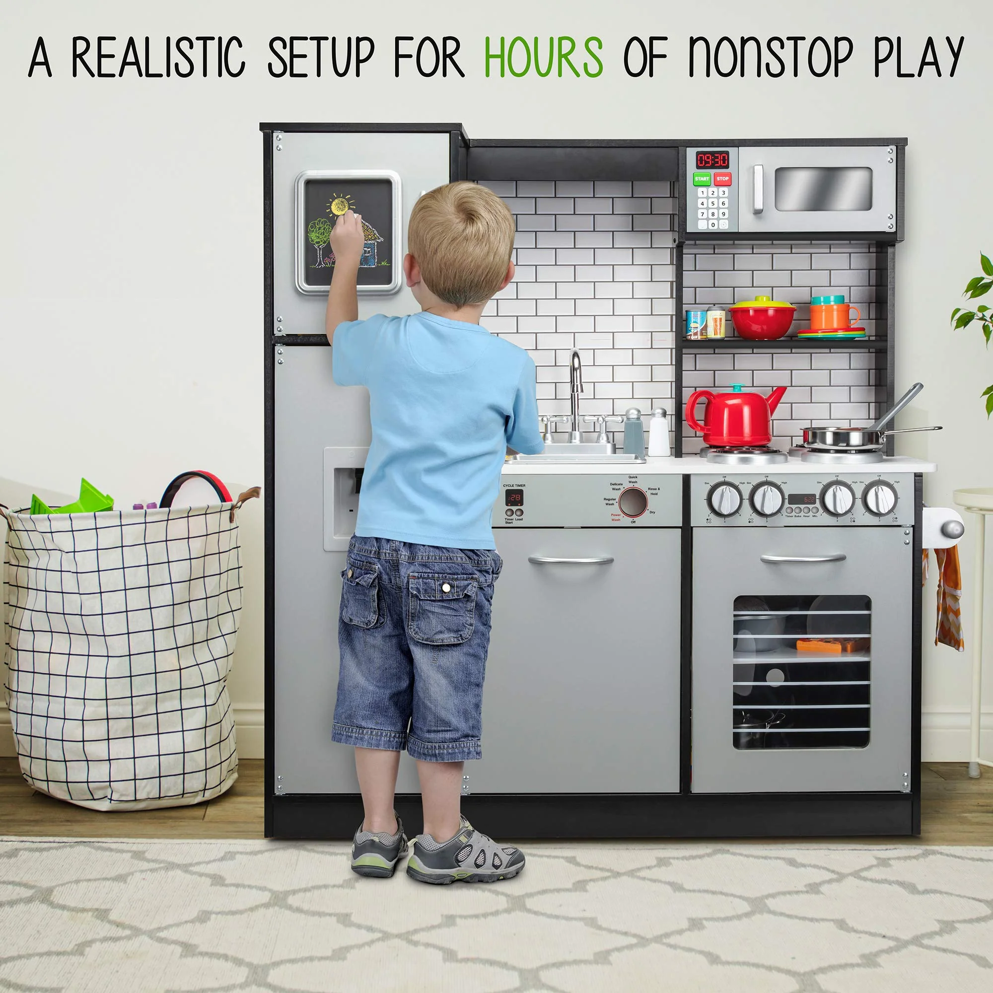 Lil' Jumbl Kids Kitchen Set, Wooden Pretend Play Kitchen with Sounds & Accessories - Charcoal - Image 6