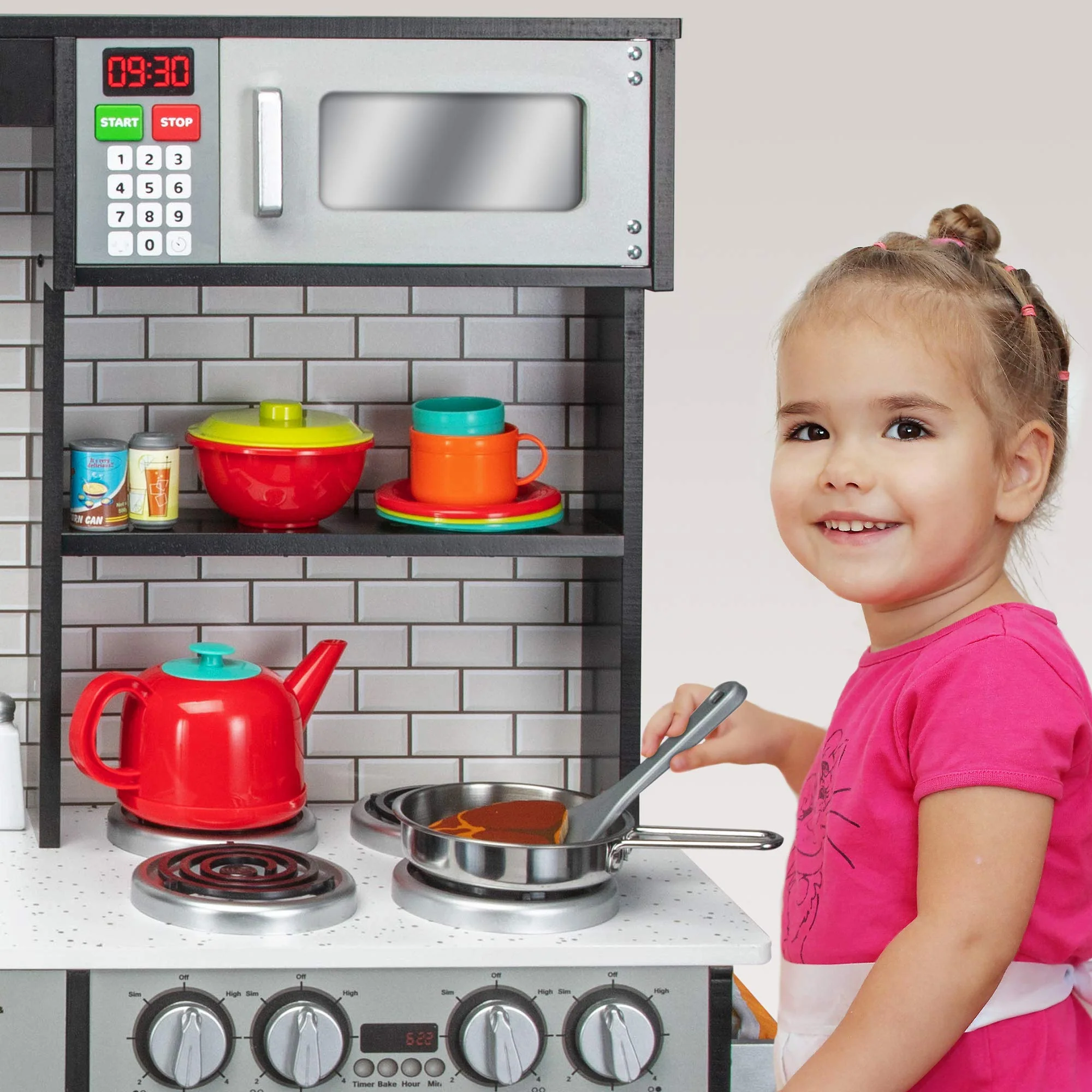 Lil' Jumbl Kids Kitchen Set, Wooden Pretend Play Kitchen with Sounds & Accessories - Charcoal - Image 9