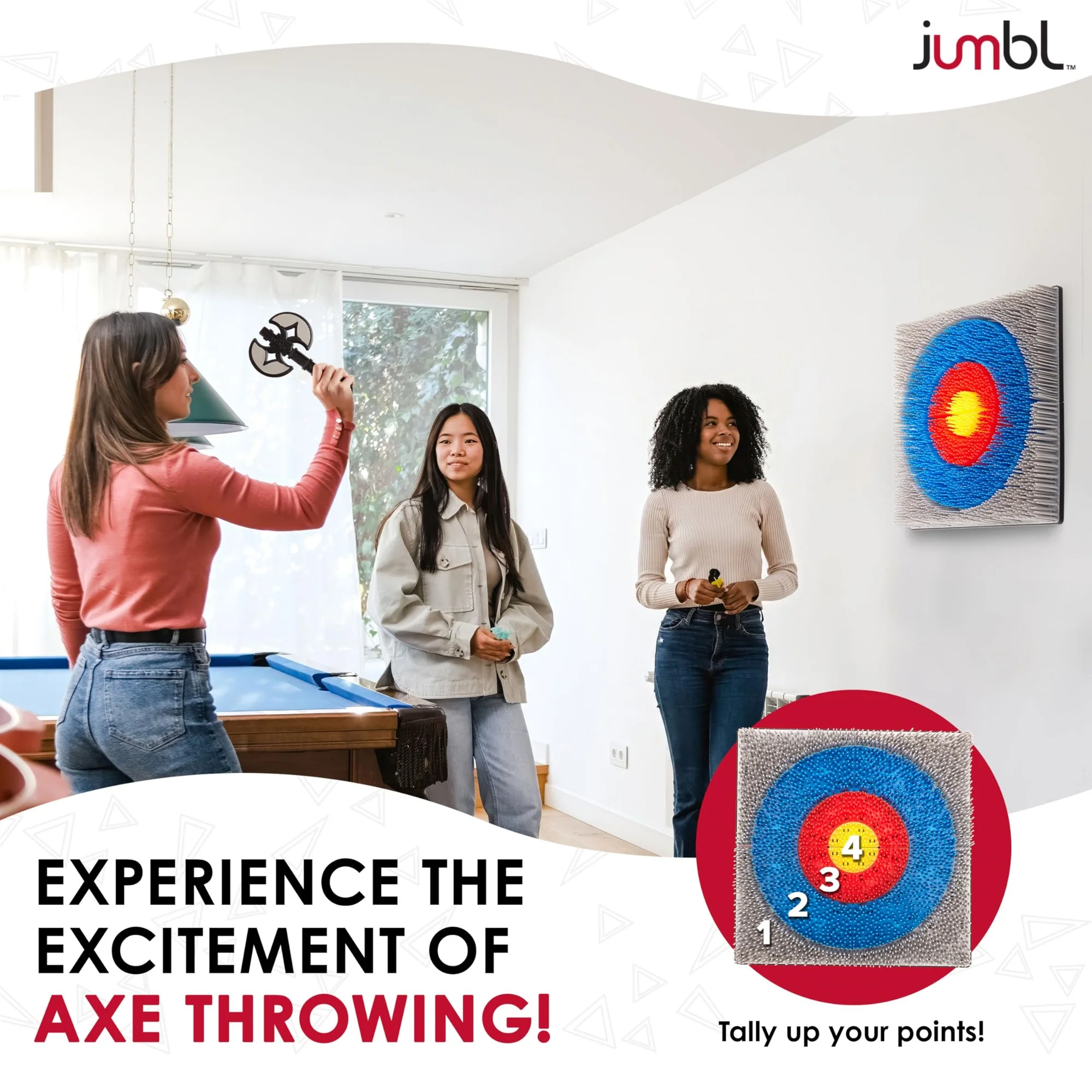 Jumbl Wall-Mounted Axe Throwing Game, Indoor Foam Axe Set with Bristle Target & Mount Kit - Image 3