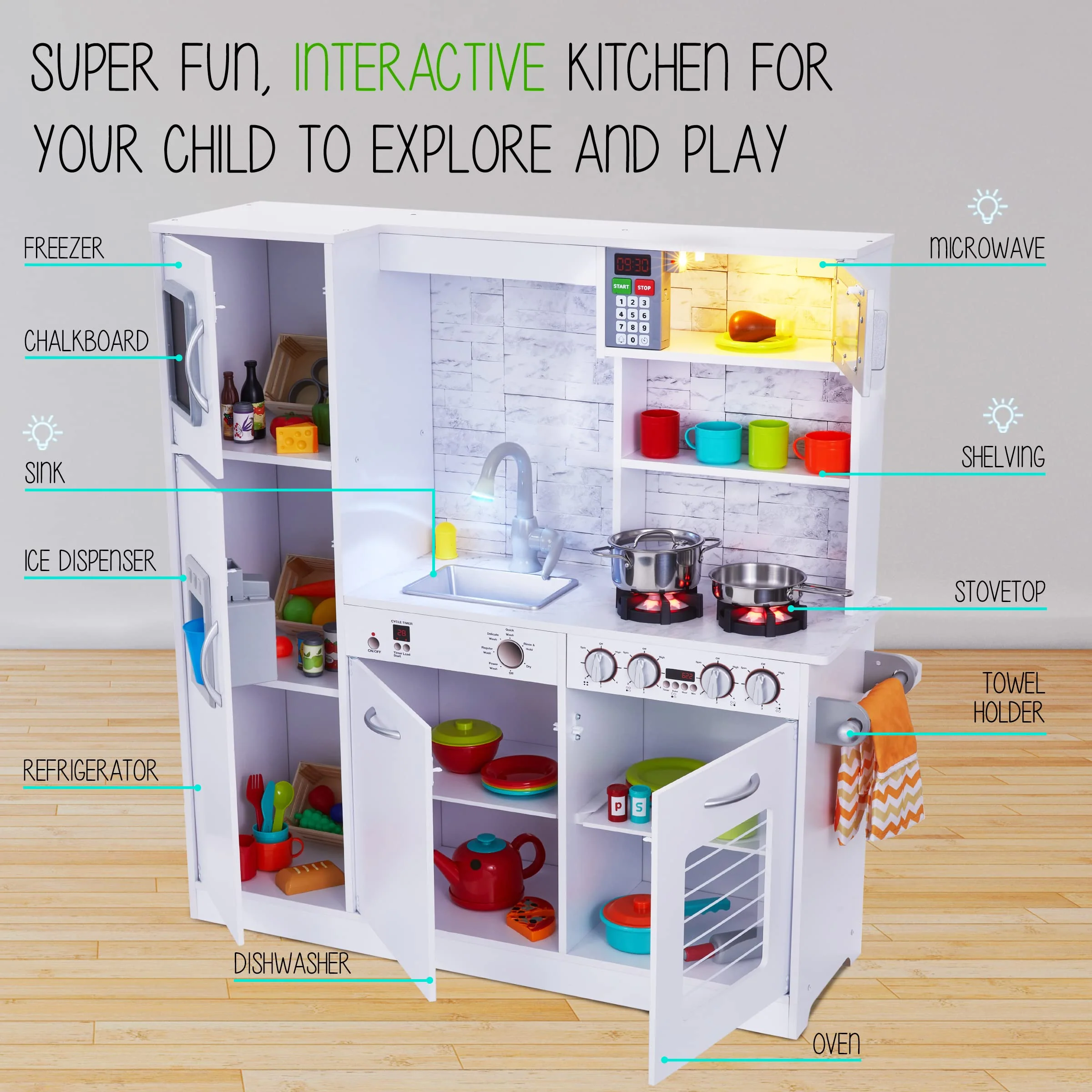 Lil' Jumbl Premium Kids Kitchen Set, Wooden Pretend Play Kitchen with Sounds & Accessories - White - Image 3