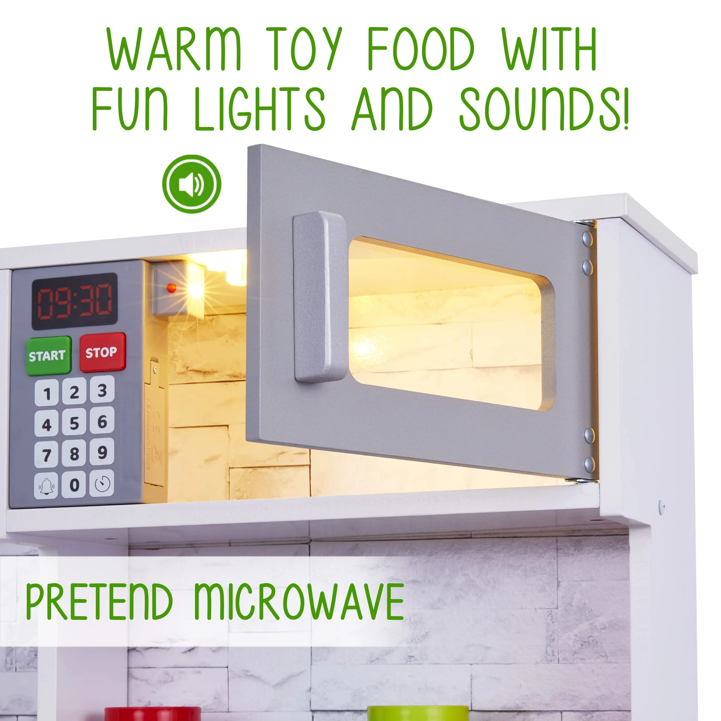 Lil' Jumbl Premium Kids Kitchen Set, Wooden Pretend Play Kitchen with Sounds & Accessories - White - Image 6