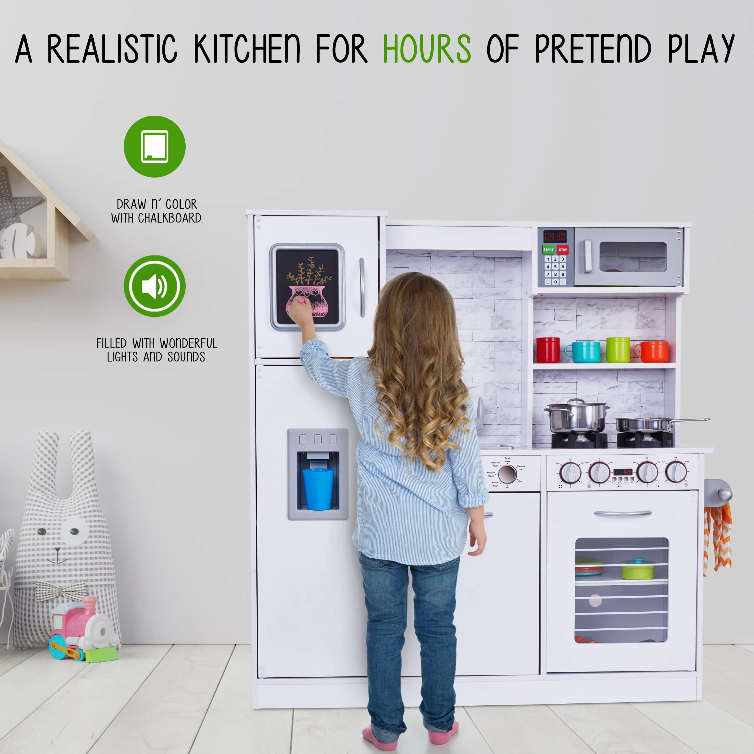 Lil' Jumbl Premium Kids Kitchen Set, Wooden Pretend Play Kitchen with Sounds & Accessories - White - Image 7