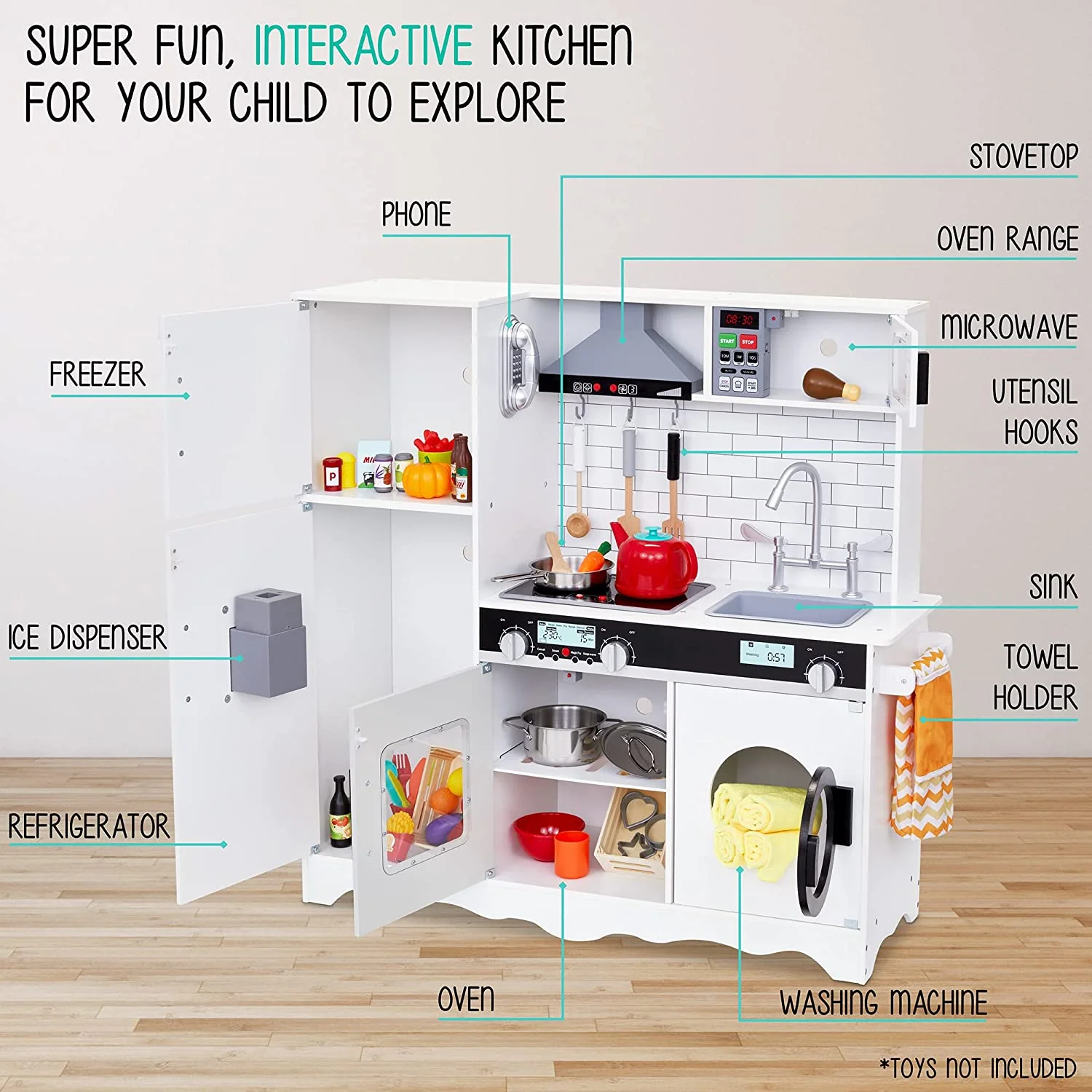 Kids Kitchen Set, Pretend Wooden Play Kitchen, Battery Operated Icemaker, Microwave & More - Image 3