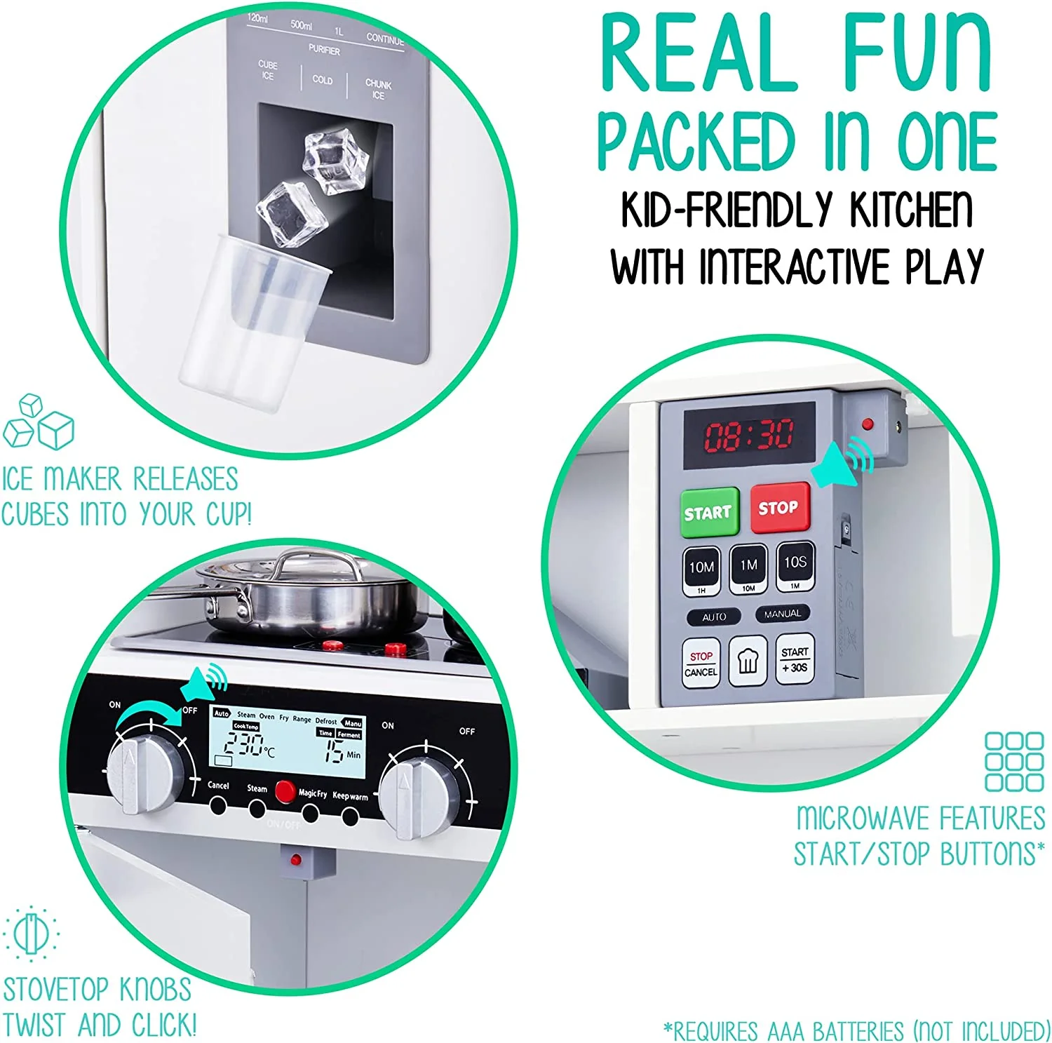 Kids Kitchen Set, Pretend Wooden Play Kitchen, Battery Operated Icemaker, Microwave & More - Image 4
