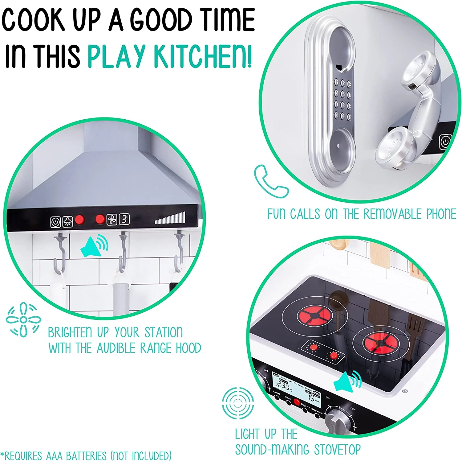 Kids Kitchen Set, Pretend Wooden Play Kitchen, Battery Operated Icemaker, Microwave & More - Image 6