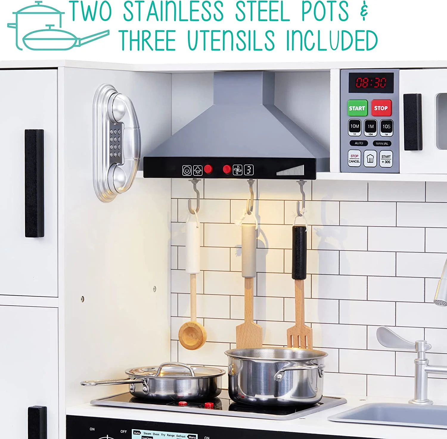Kids Kitchen Set, Pretend Wooden Play Kitchen, Battery Operated Icemaker, Microwave & More - Image 7