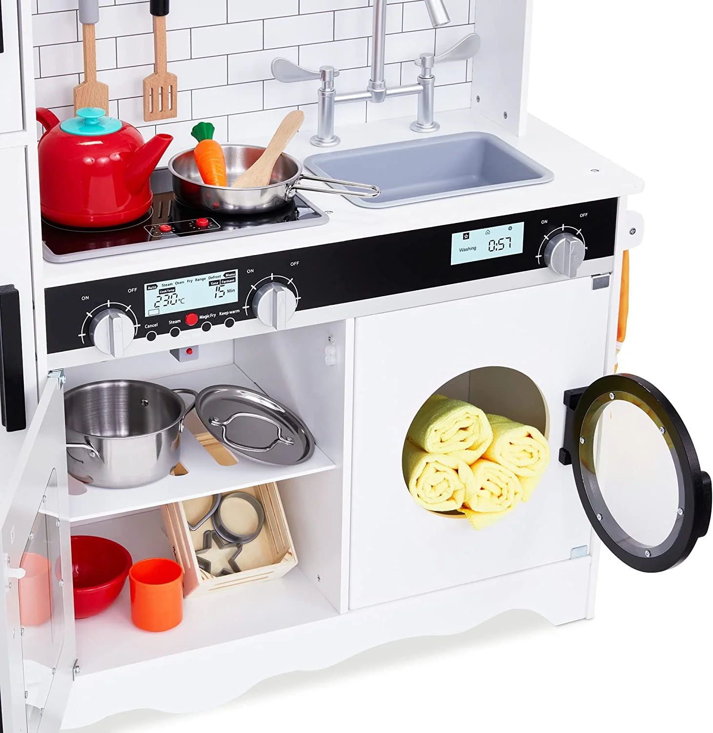 Kids Kitchen Set, Pretend Wooden Play Kitchen, Battery Operated Icemaker, Microwave & More - Image 9