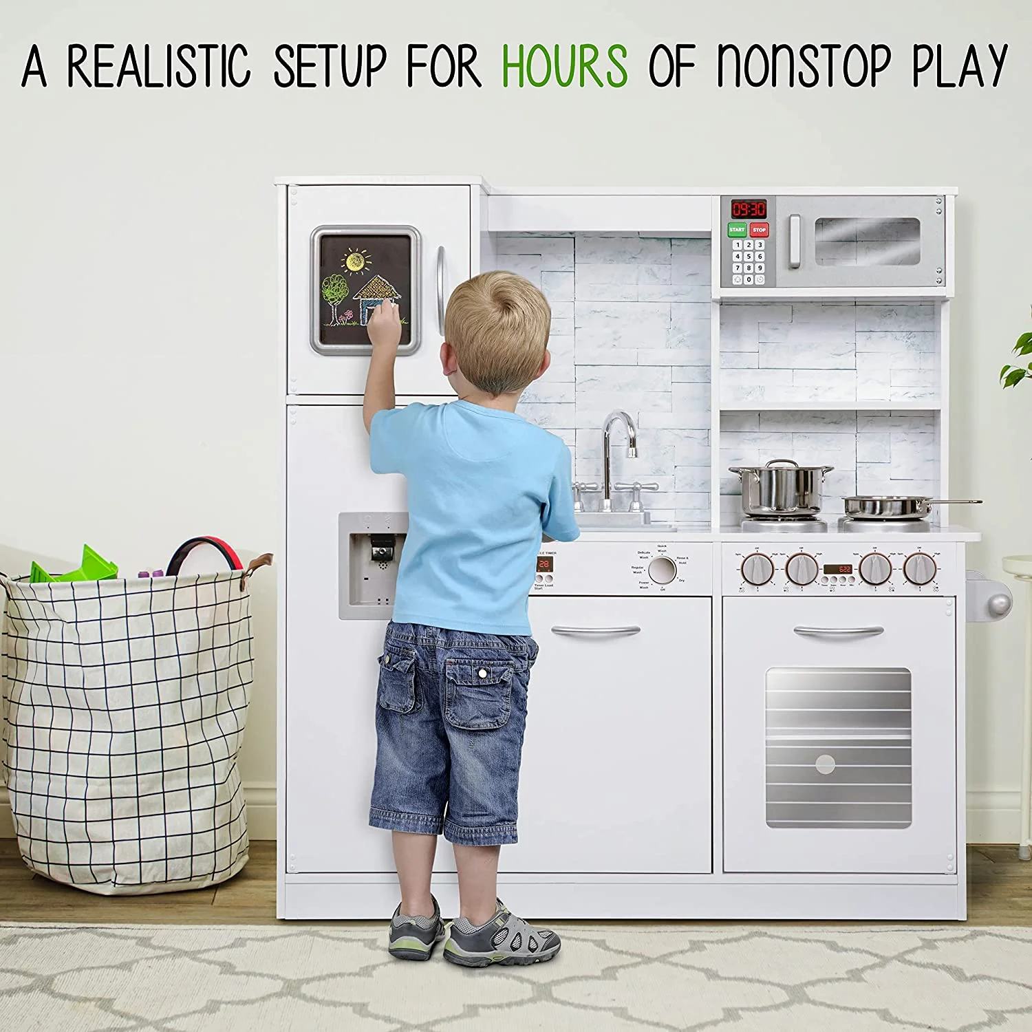 Kitchen Set for Kids, Pretend Wooden Play Kitchen Set Realistic Sound, Pots & Pan - Image 6