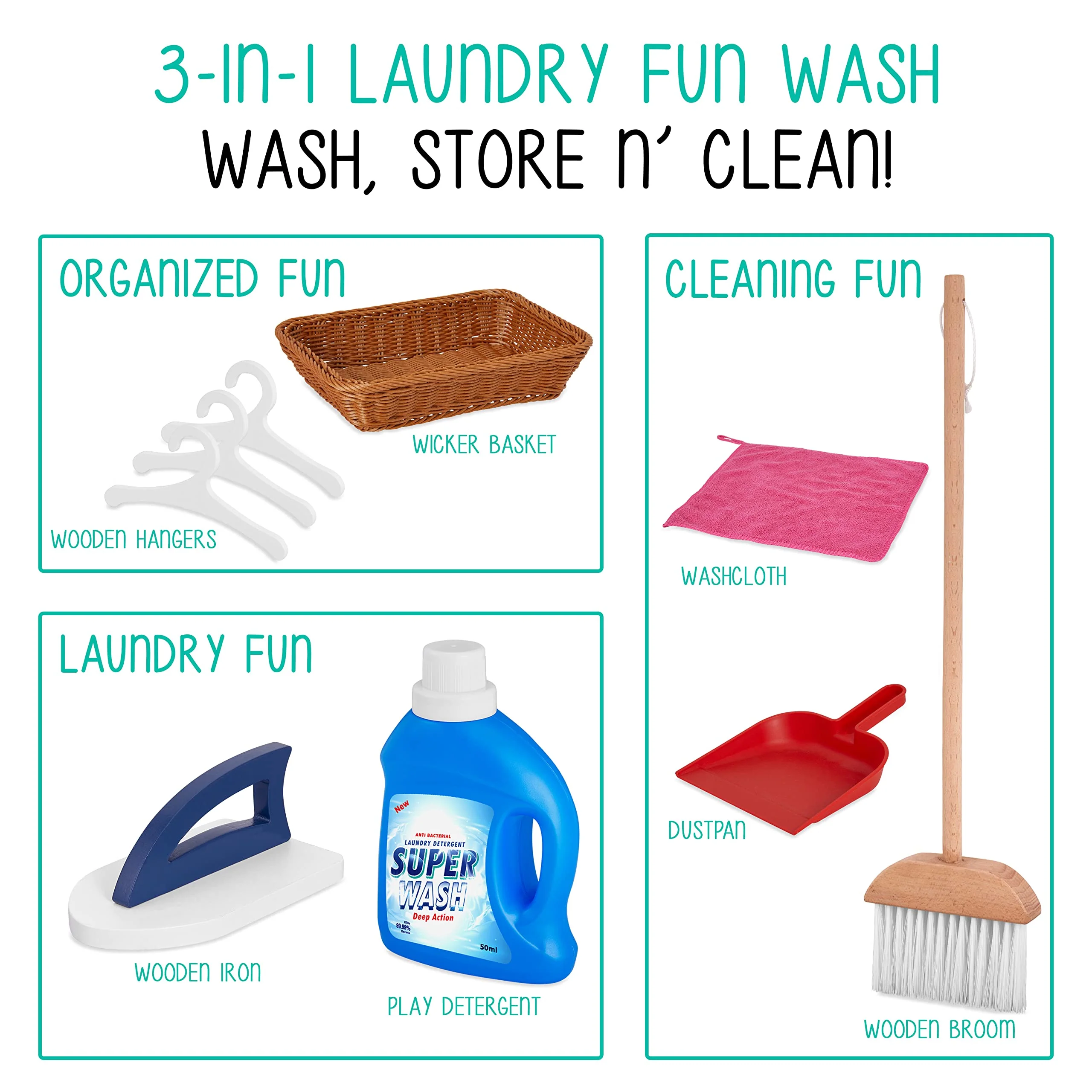 Lil’ Jumbl Kids Washer and Dryer Playset, Wooden Laundry Play Set for Kids w/Iron, Hangers & More - Image 3