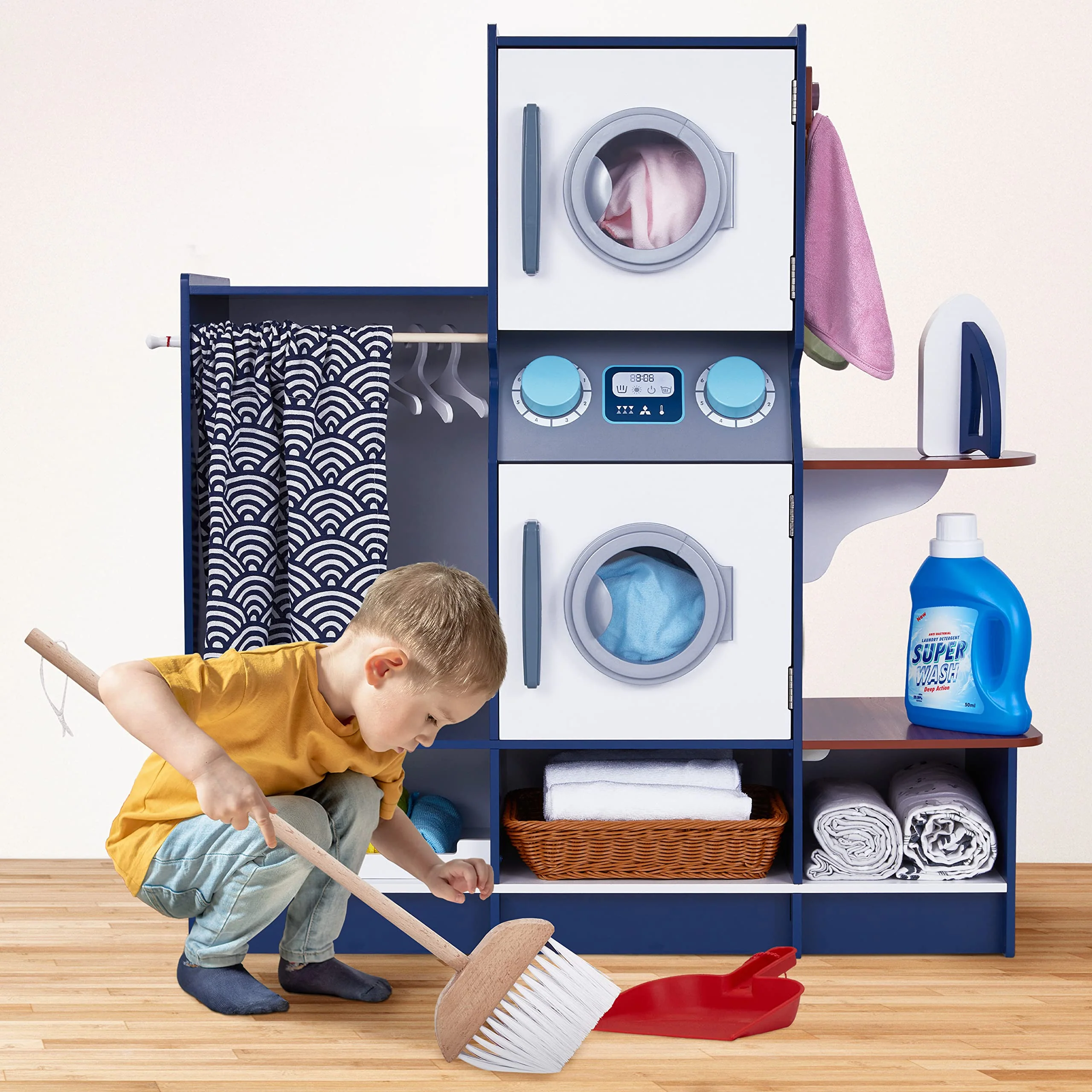 Lil’ Jumbl Kids Washer and Dryer Playset, Wooden Laundry Play Set for Kids w/Iron, Hangers & More - Image 6