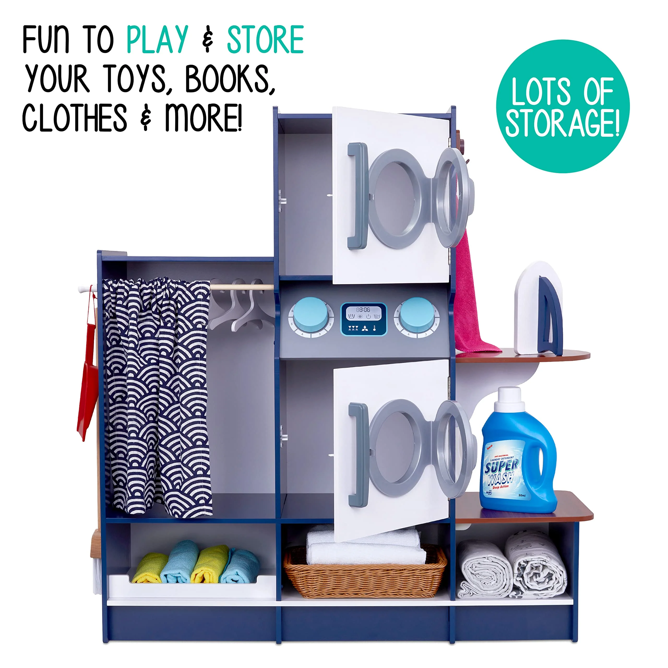 Lil’ Jumbl Kids Washer and Dryer Playset, Wooden Laundry Play Set for Kids w/Iron, Hangers & More - Image 7