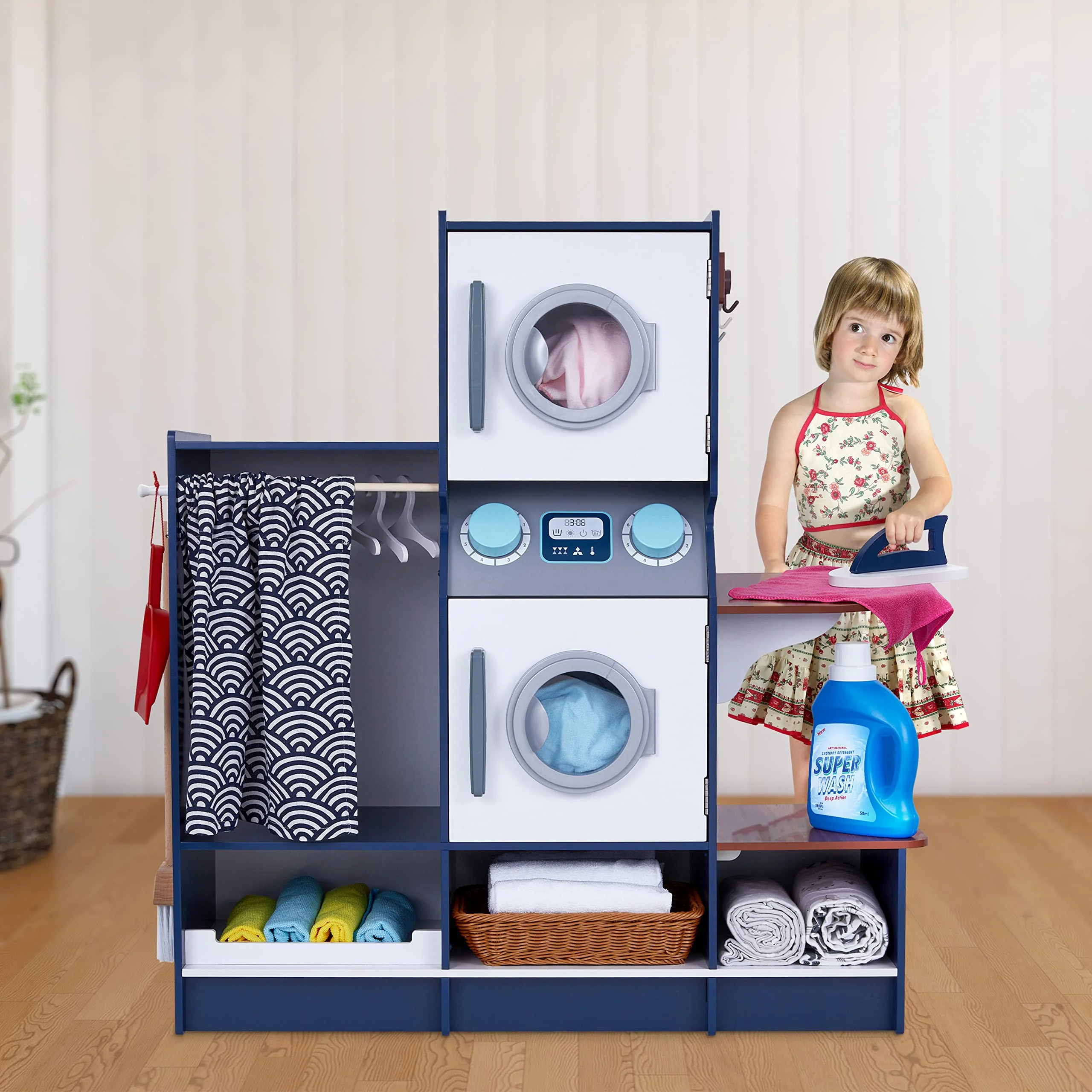 Lil’ Jumbl Kids Washer and Dryer Playset, Wooden Laundry Play Set for Kids w/Iron, Hangers & More - Image 9