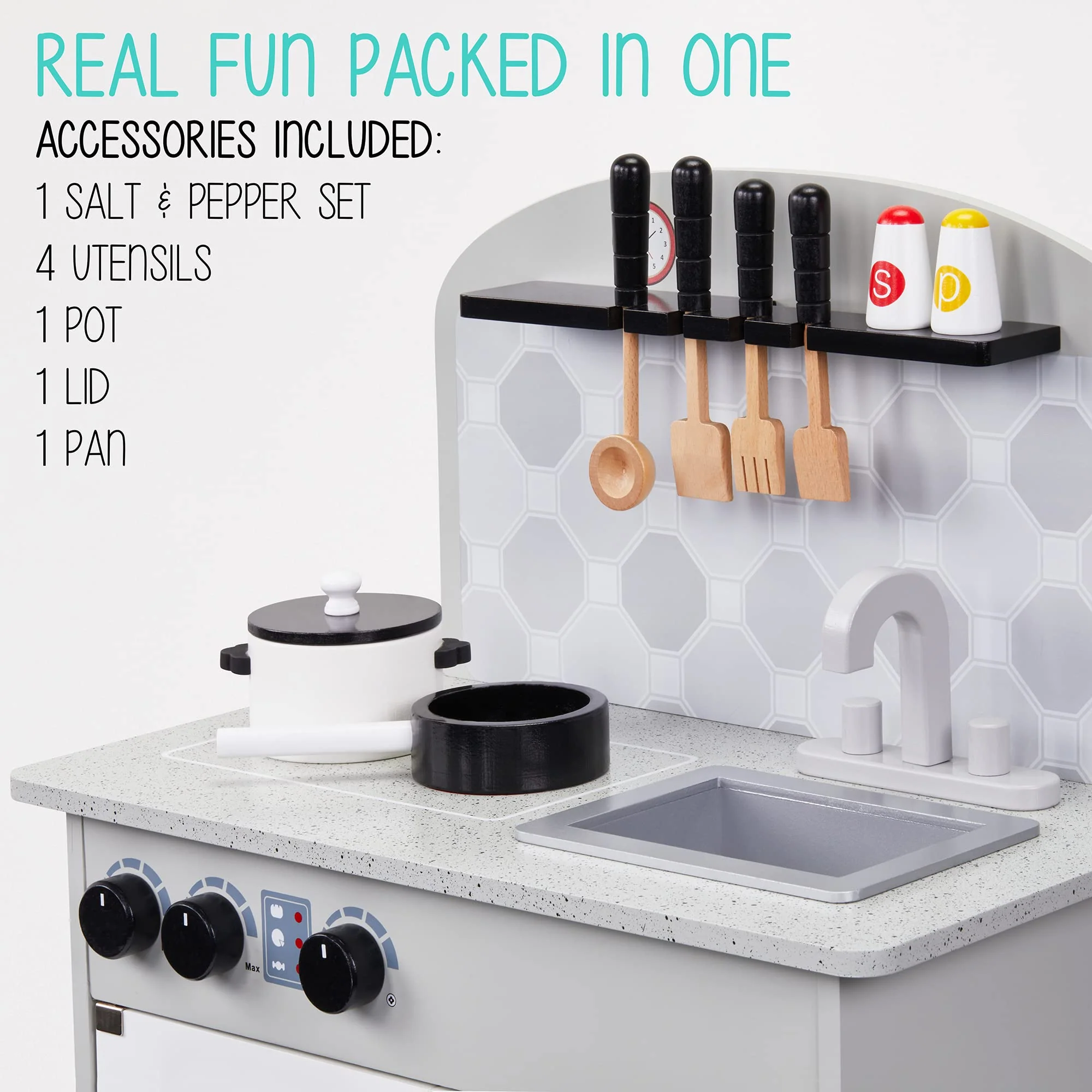 Kitchen Set for Kids, Pretend Wooden Play Kitchen Set, Realistic Sound, Pots & Pan - Image 5