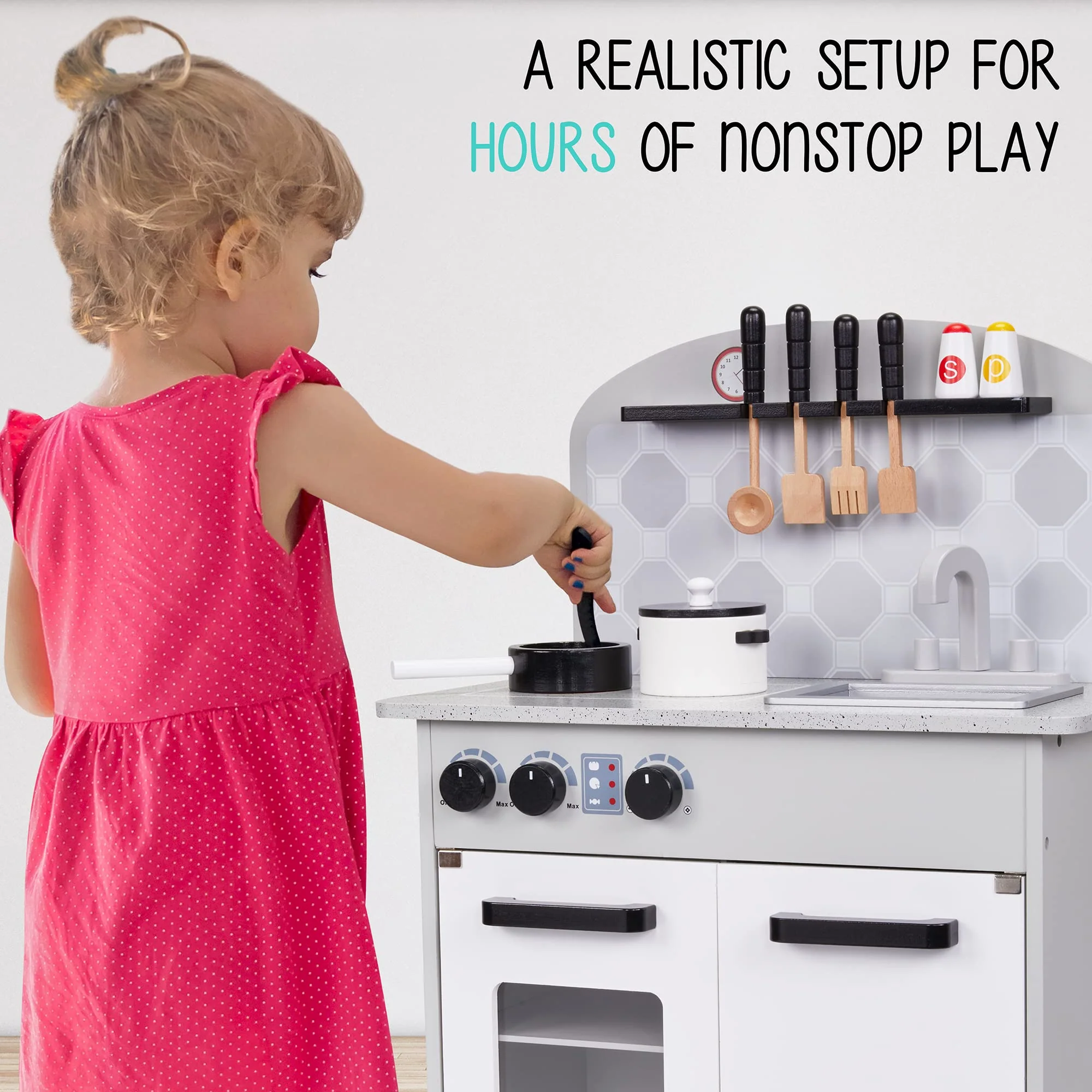 Kitchen Set for Kids, Pretend Wooden Play Kitchen Set, Realistic Sound, Pots & Pan - Image 6