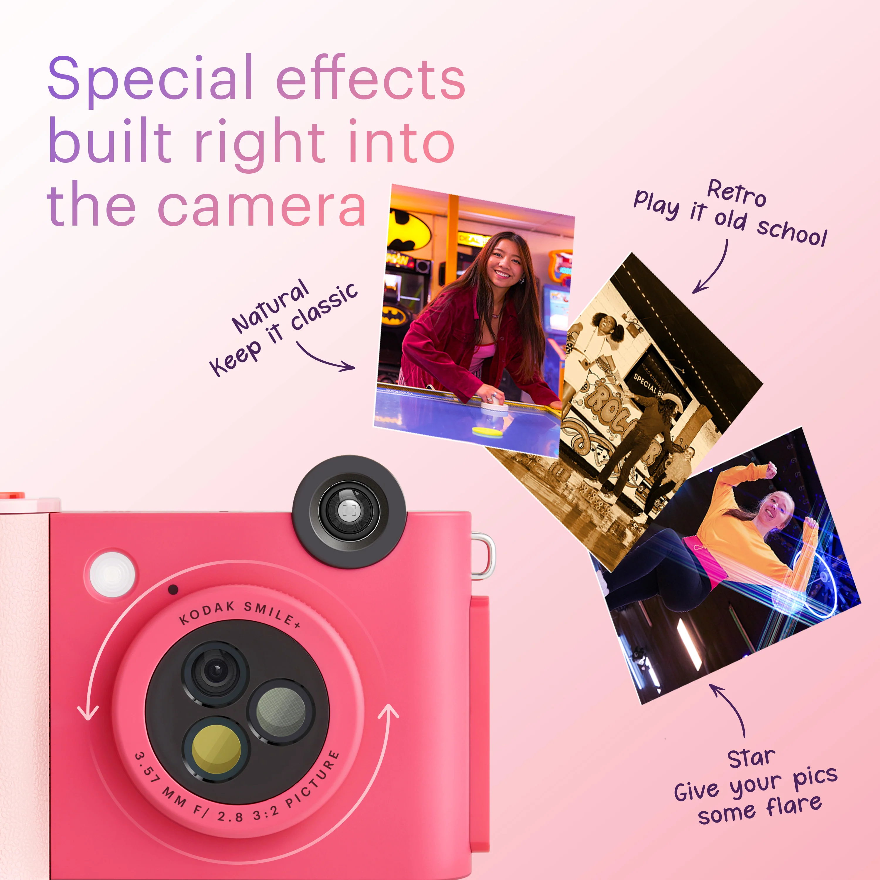 Kodak Smile+ Wireless Digital Instant Print Camera with Effect-changing Lens, 2x3” Sticky-backed Photo Prints, and Zink printing technology, Compatible with iOS and Android devices - Fuchsia - Image 3
