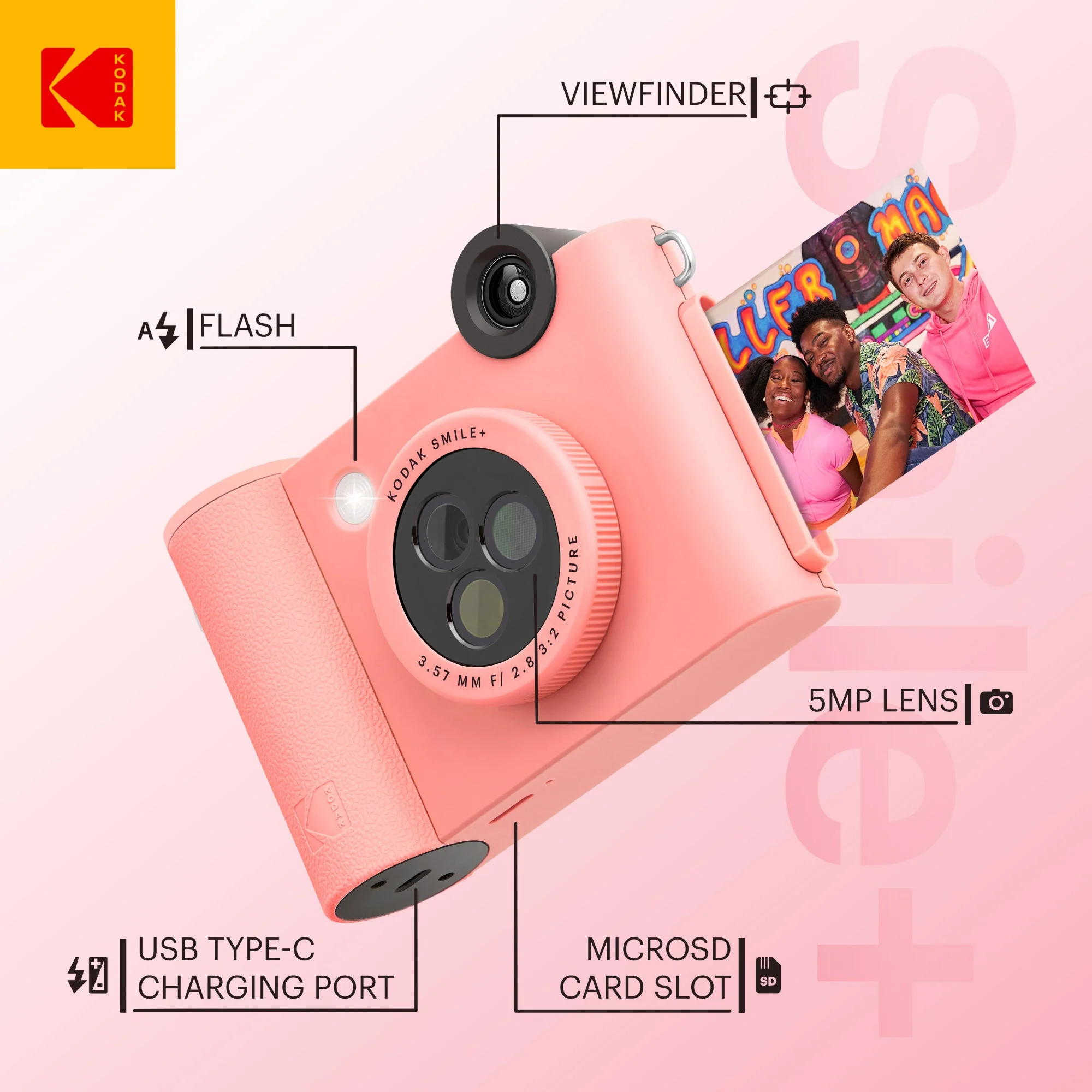 Kodak Smile+ Wireless Digital Instant Print Camera with Effect-changing Lens - Pink - Image 2