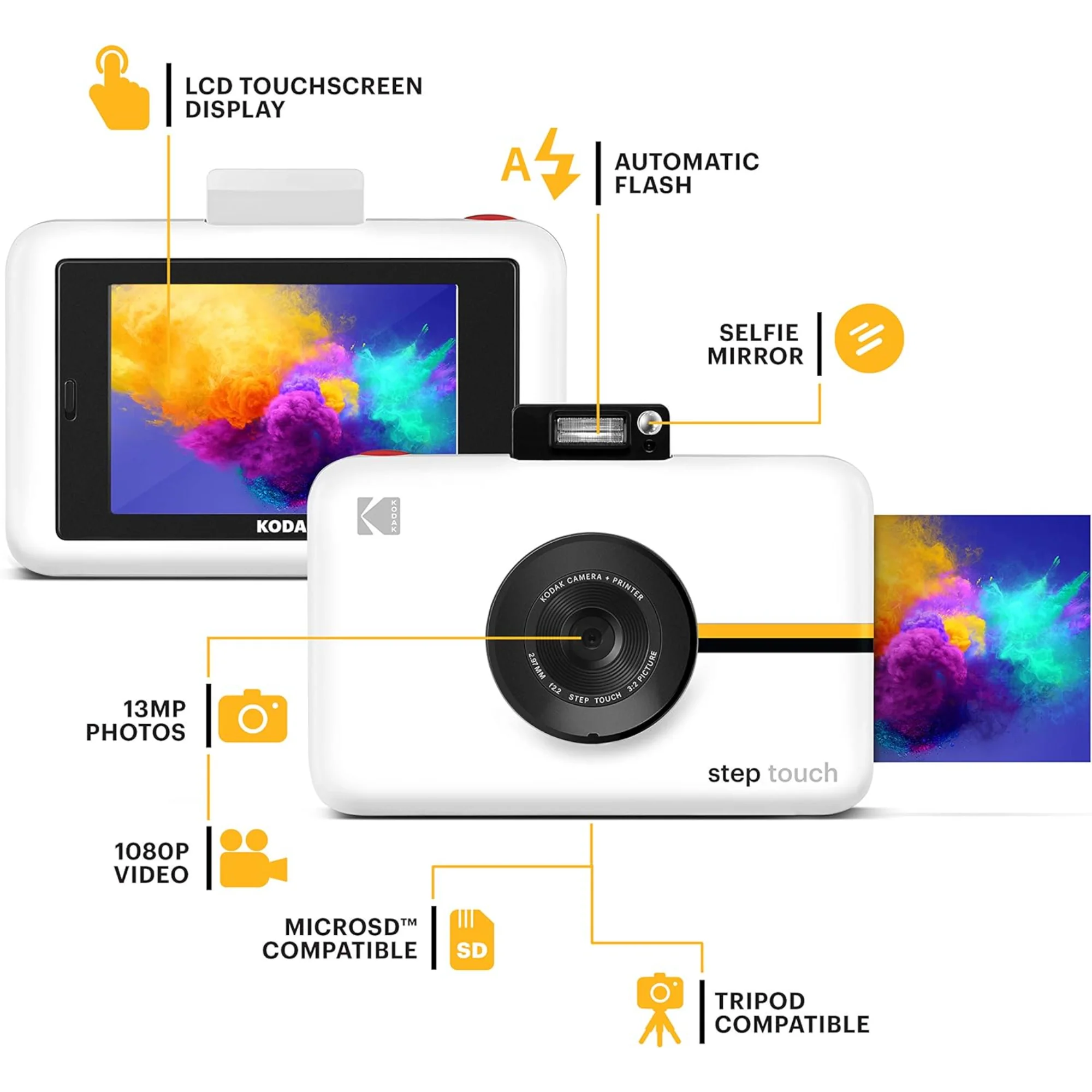 Kodak Step Touch 13MP Instant Camera (White) with 3.5” LCD Touchscreen Display Go Bundle - Image 3