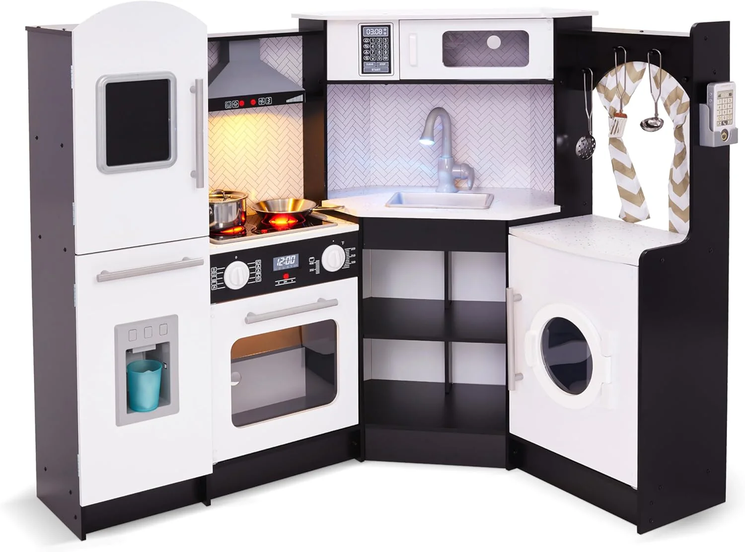 Lil' Jumbl Corner Kids Kitchen Playset, Pretend Kids Wooden Kitchen with Stovetop, Faucet & More