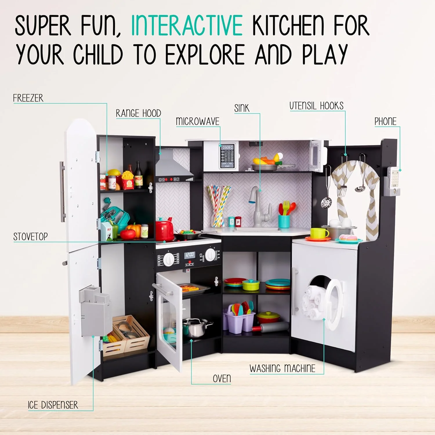 Lil' Jumbl Corner Kids Kitchen Playset, Pretend Kids Wooden Kitchen with Stovetop, Faucet & More - Image 2