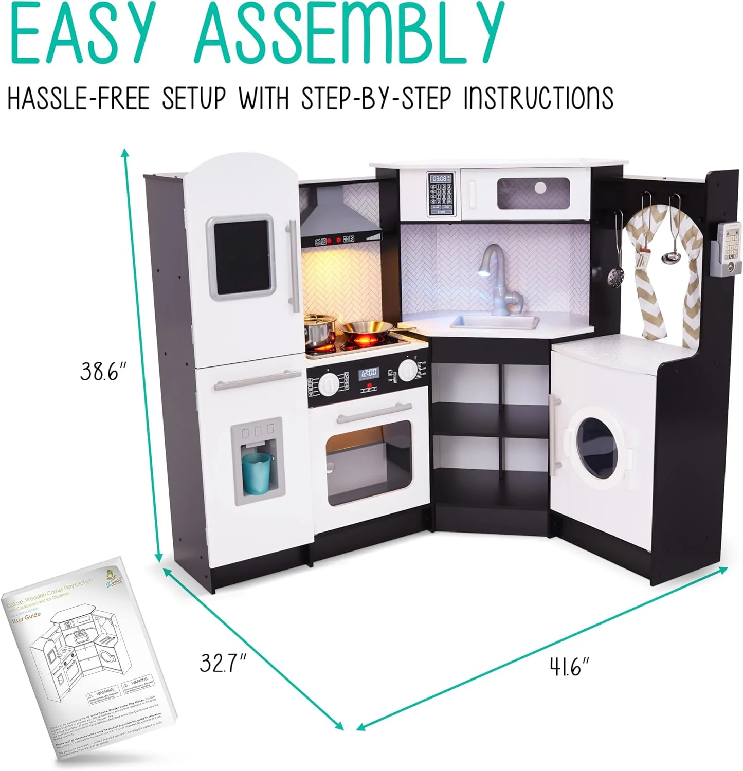 Lil' Jumbl Corner Kids Kitchen Playset, Pretend Kids Wooden Kitchen with Stovetop, Faucet & More - Image 3