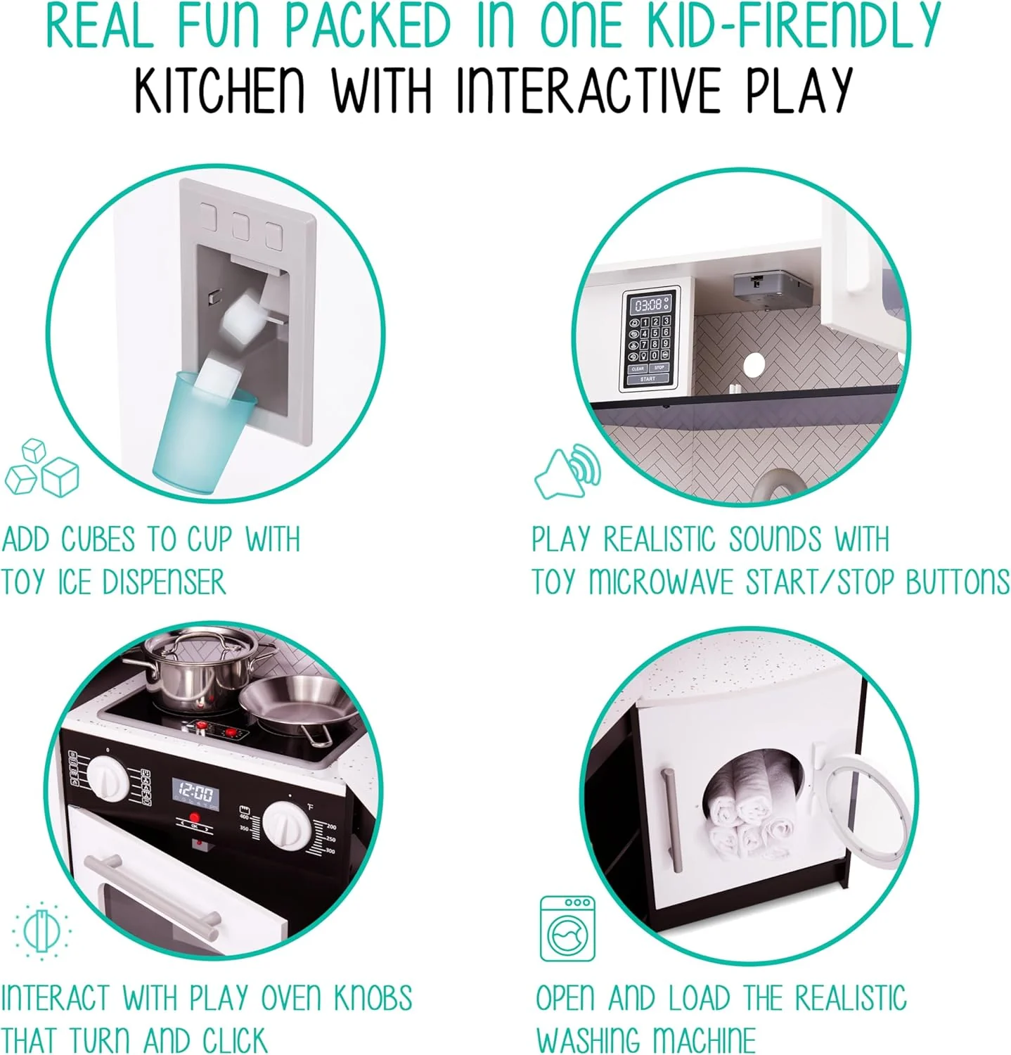 Lil' Jumbl Corner Kids Kitchen Playset, Pretend Kids Wooden Kitchen with Stovetop, Faucet & More - Image 4