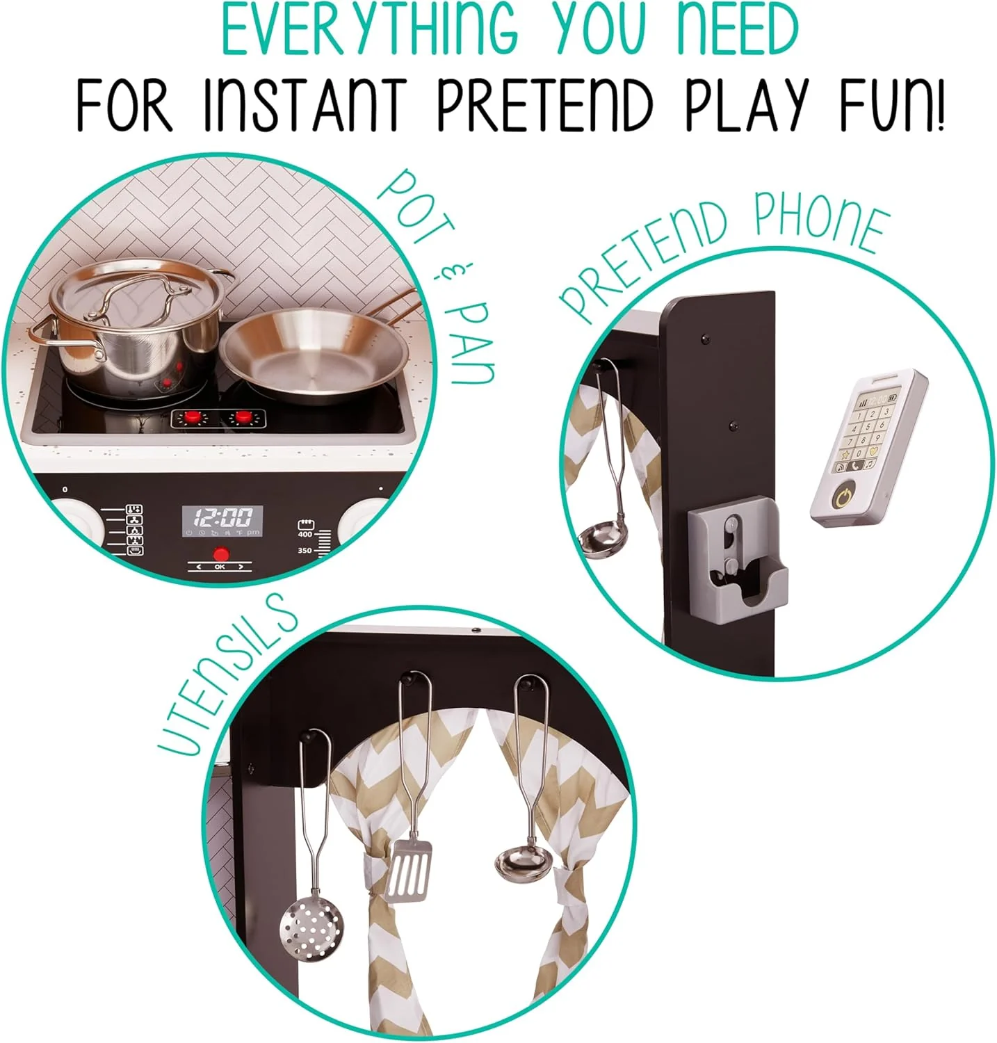 Lil' Jumbl Corner Kids Kitchen Playset, Pretend Kids Wooden Kitchen with Stovetop, Faucet & More - Image 7