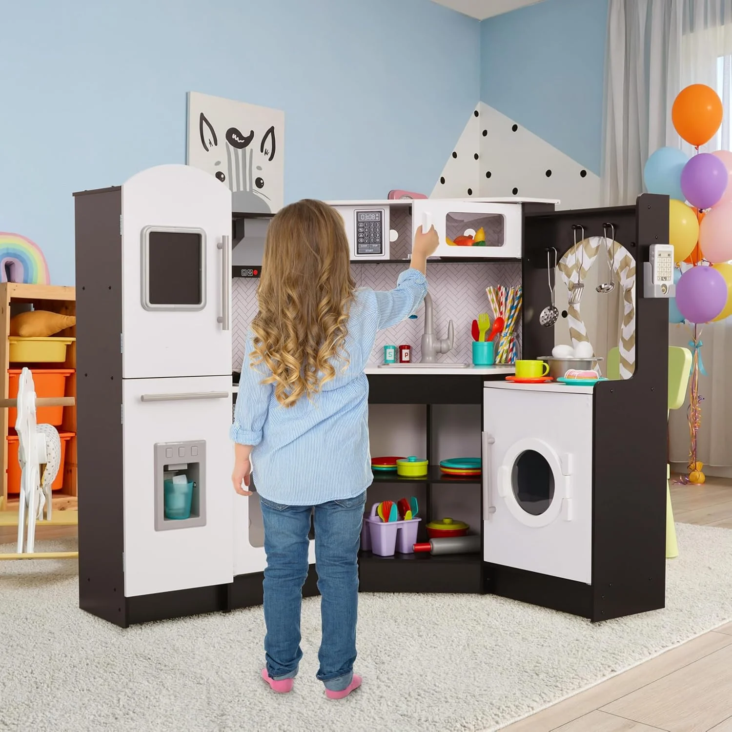 Lil' Jumbl Corner Kids Kitchen Playset, Pretend Kids Wooden Kitchen with Stovetop, Faucet & More - Image 8
