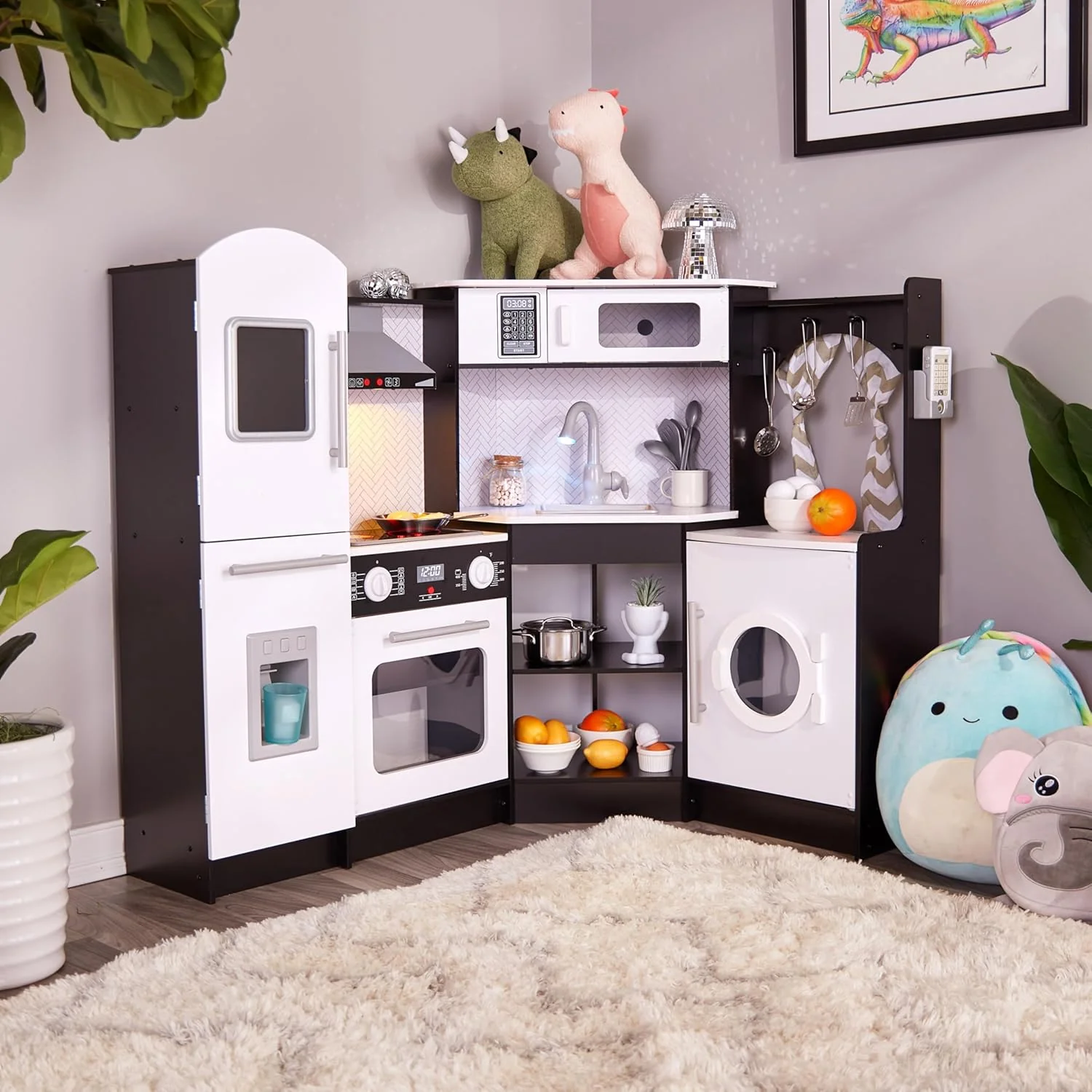 Lil' Jumbl Corner Kids Kitchen Playset, Pretend Kids Wooden Kitchen with Stovetop, Faucet & More - Image 9