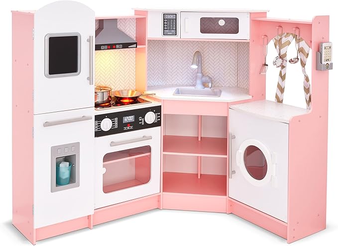 Lil' Jumbl Corner Kids Kitchen Playset, Pretend Kids Wooden Kitchen with Stovetop, Faucet & More - Pink