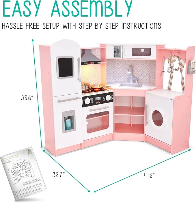 Lil' Jumbl Corner Kids Kitchen Playset, Pretend Kids Wooden Kitchen with Stovetop, Faucet & More - Pink - Image 3