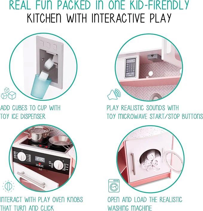 Lil' Jumbl Corner Kids Kitchen Playset, Pretend Kids Wooden Kitchen with Stovetop, Faucet & More - Pink - Image 5