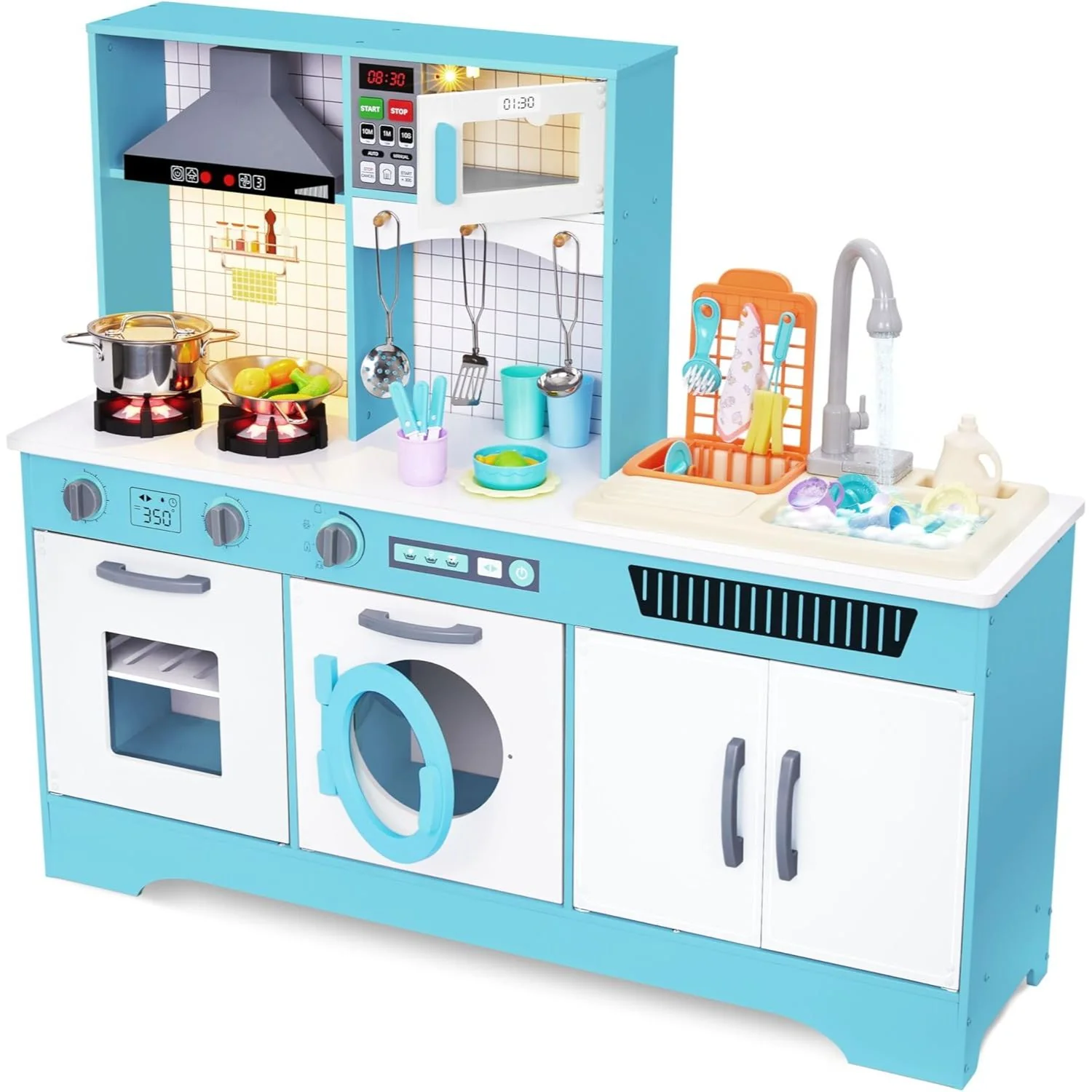 Lil' Jumbl Kids Kitchen Playset, Pretend Kids Wooden Kitchen with Washer/Dryer, Sink & More