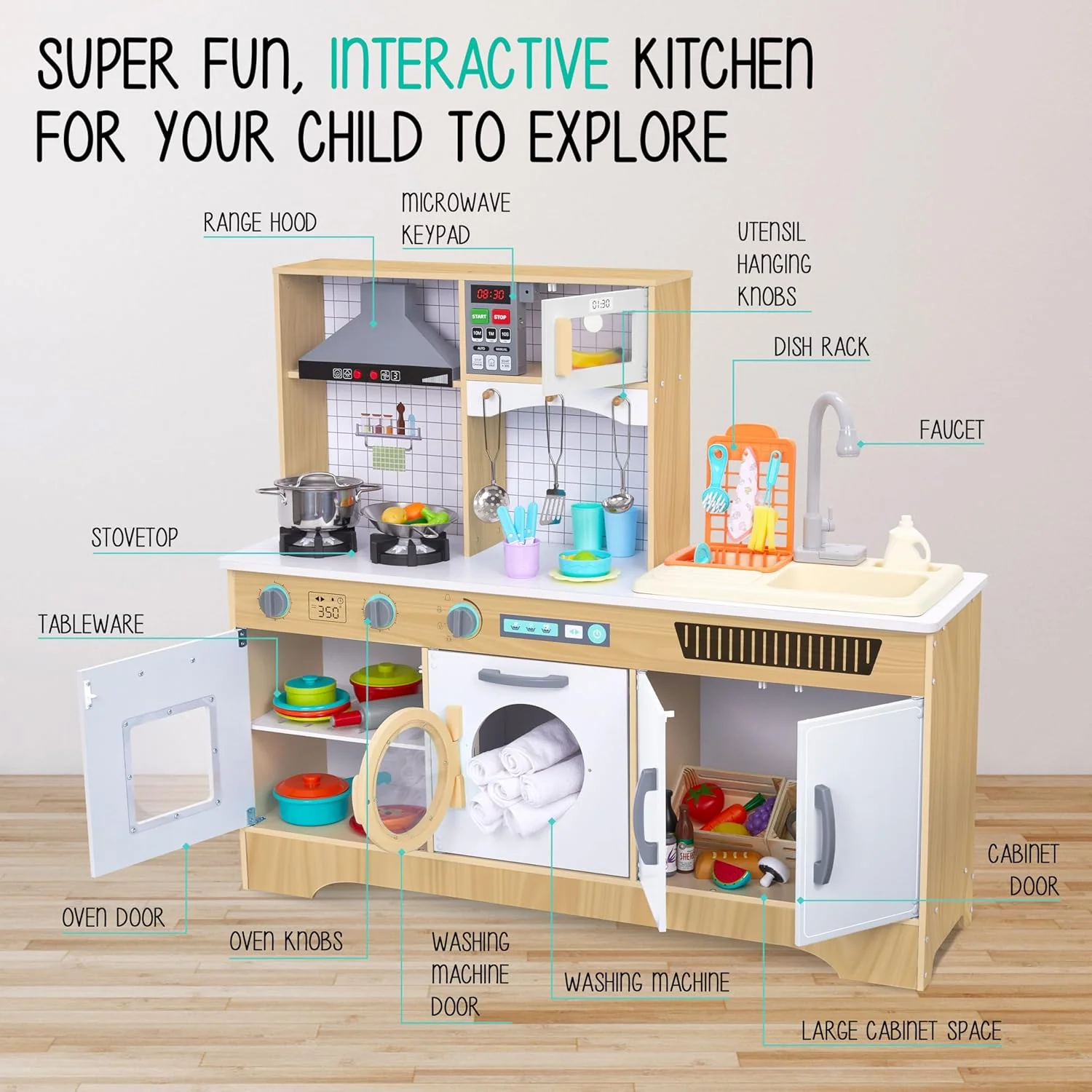 Lil' Jumbl Kids Kitchen Playset, Pretend Kids Wooden Kitchen with Washer/Dryer, Sink & More - Image 10
