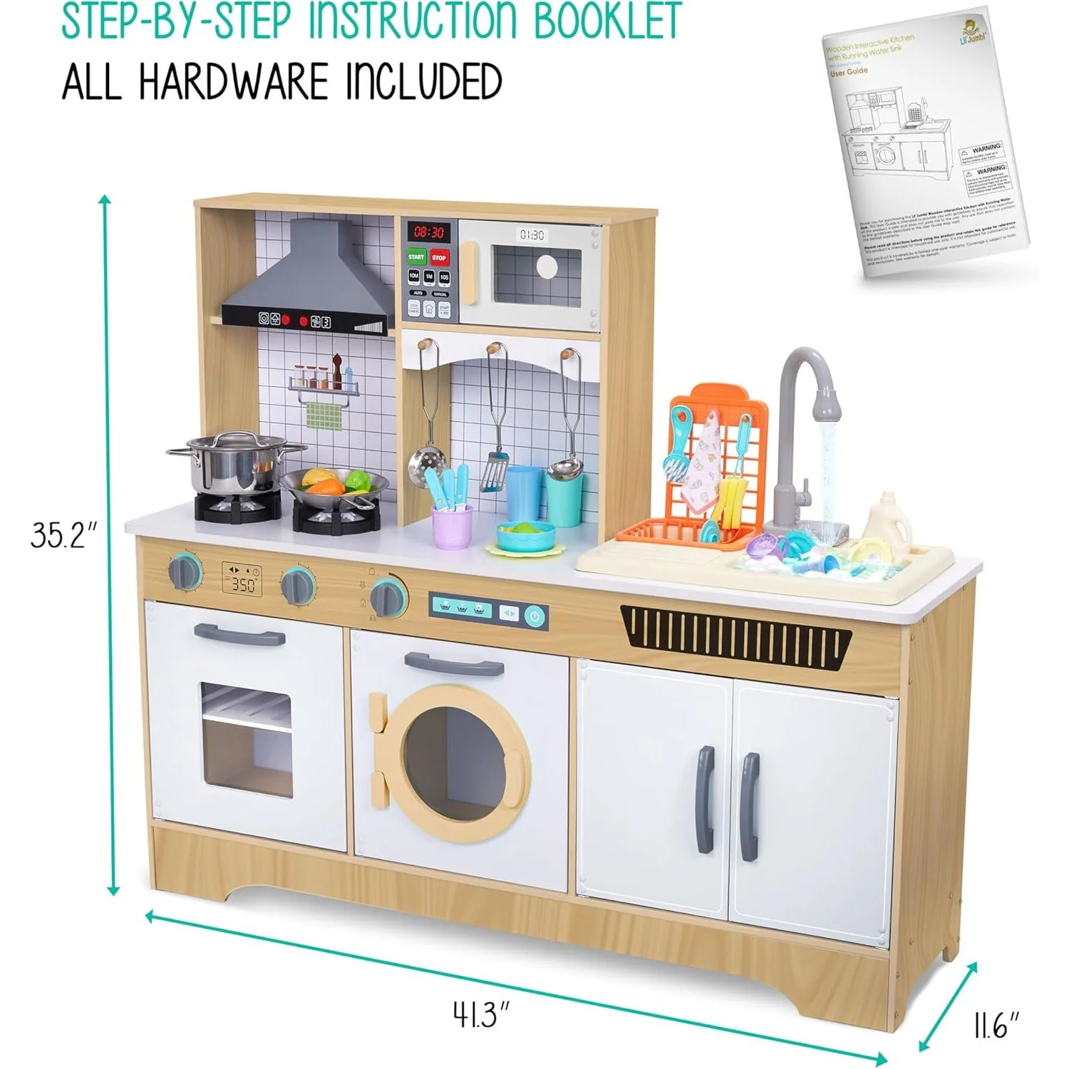 Lil' Jumbl Kids Kitchen Playset, Pretend Kids Wooden Kitchen with Washer/Dryer, Sink & More - Image 14
