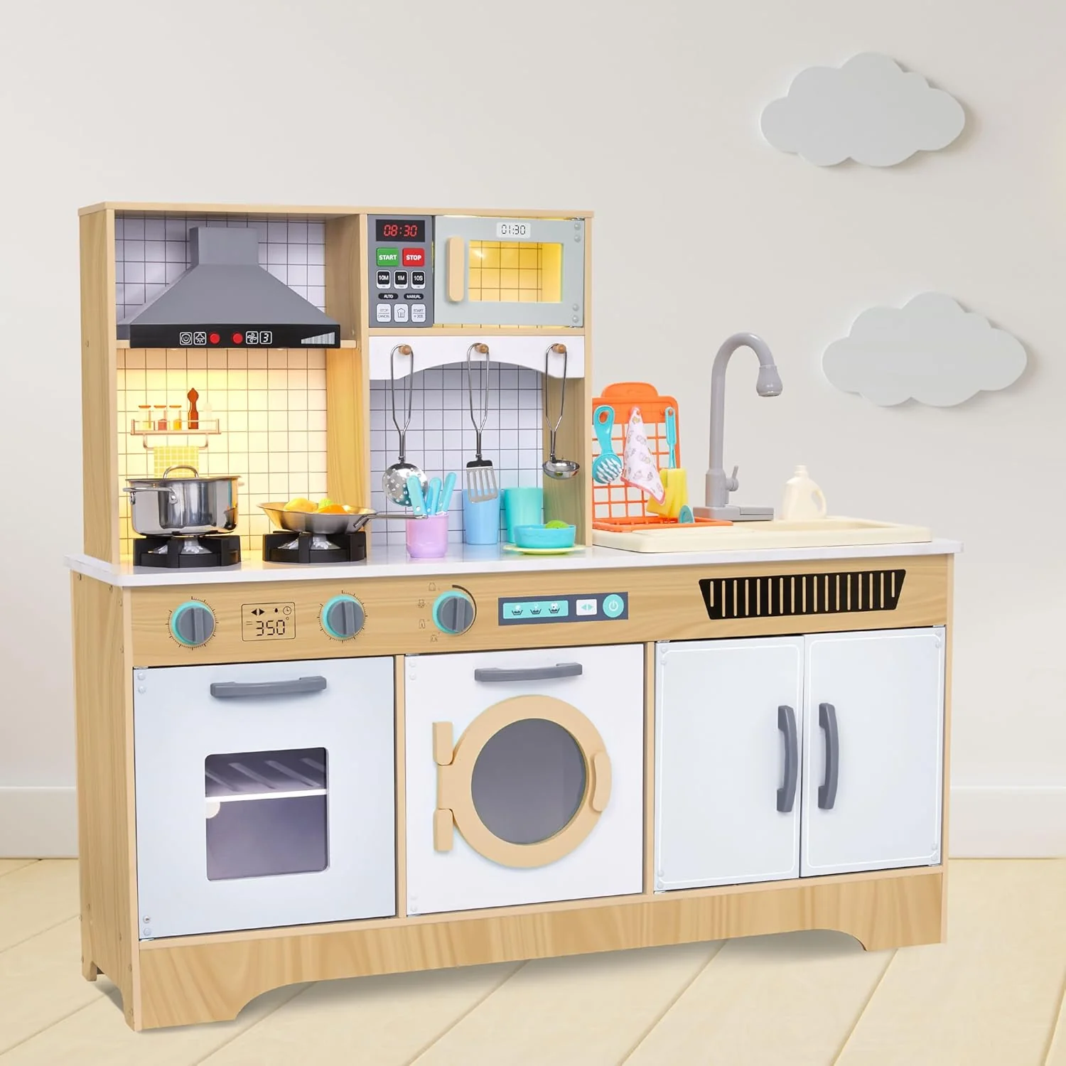 Lil' Jumbl Kids Kitchen Playset, Pretend Kids Wooden Kitchen with Washer/Dryer, Sink & More - Image 15