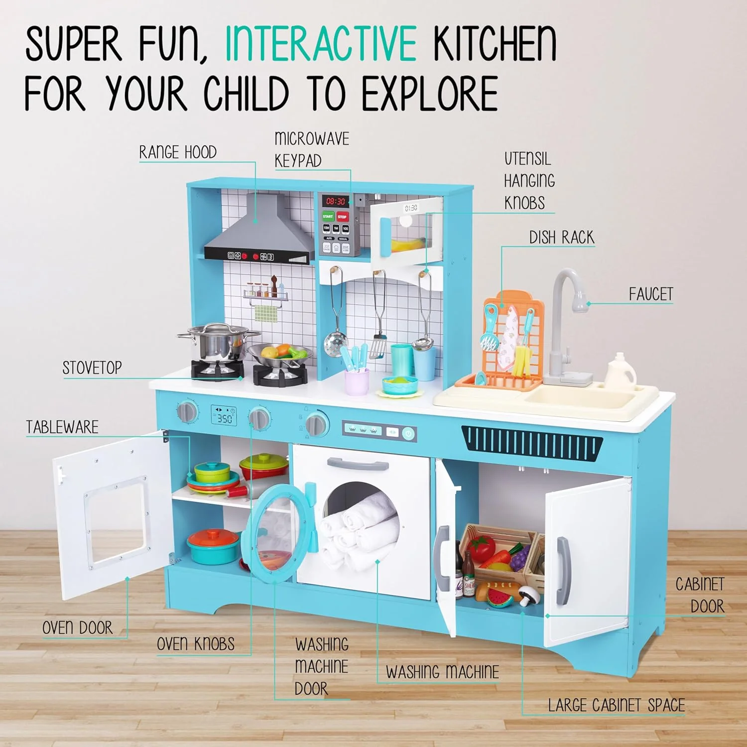 Lil' Jumbl Kids Kitchen Playset, Pretend Kids Wooden Kitchen with Washer/Dryer, Sink & More - Image 2