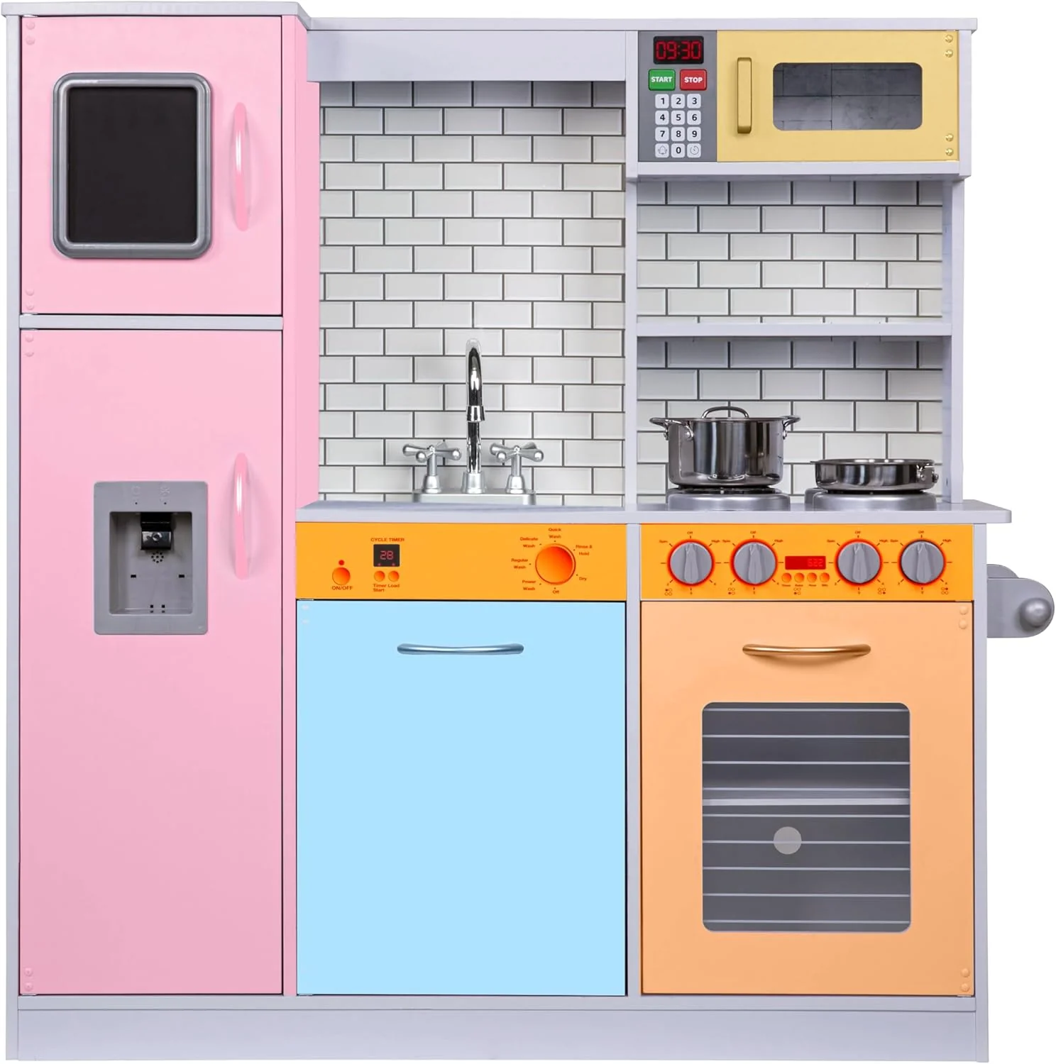 Lil' Jumbl Kids Kitchen Set, Pretend Wooden Play Kitchen, Battery Operated Icemaker & Microwave with Realistic Sound, Pots & Pan Included - Colorful