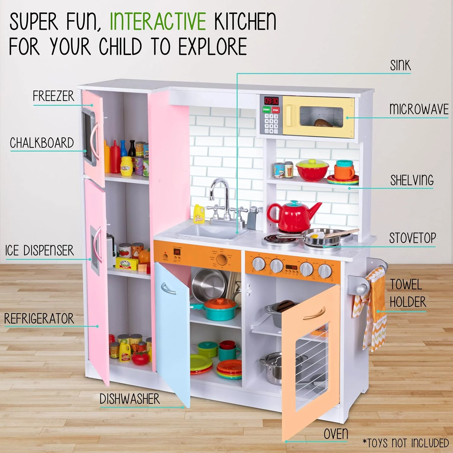 Lil' Jumbl Kids Kitchen Set, Pretend Wooden Play Kitchen, Battery Operated Icemaker & Microwave with Realistic Sound, Pots & Pan Included - Colorful - Image 2